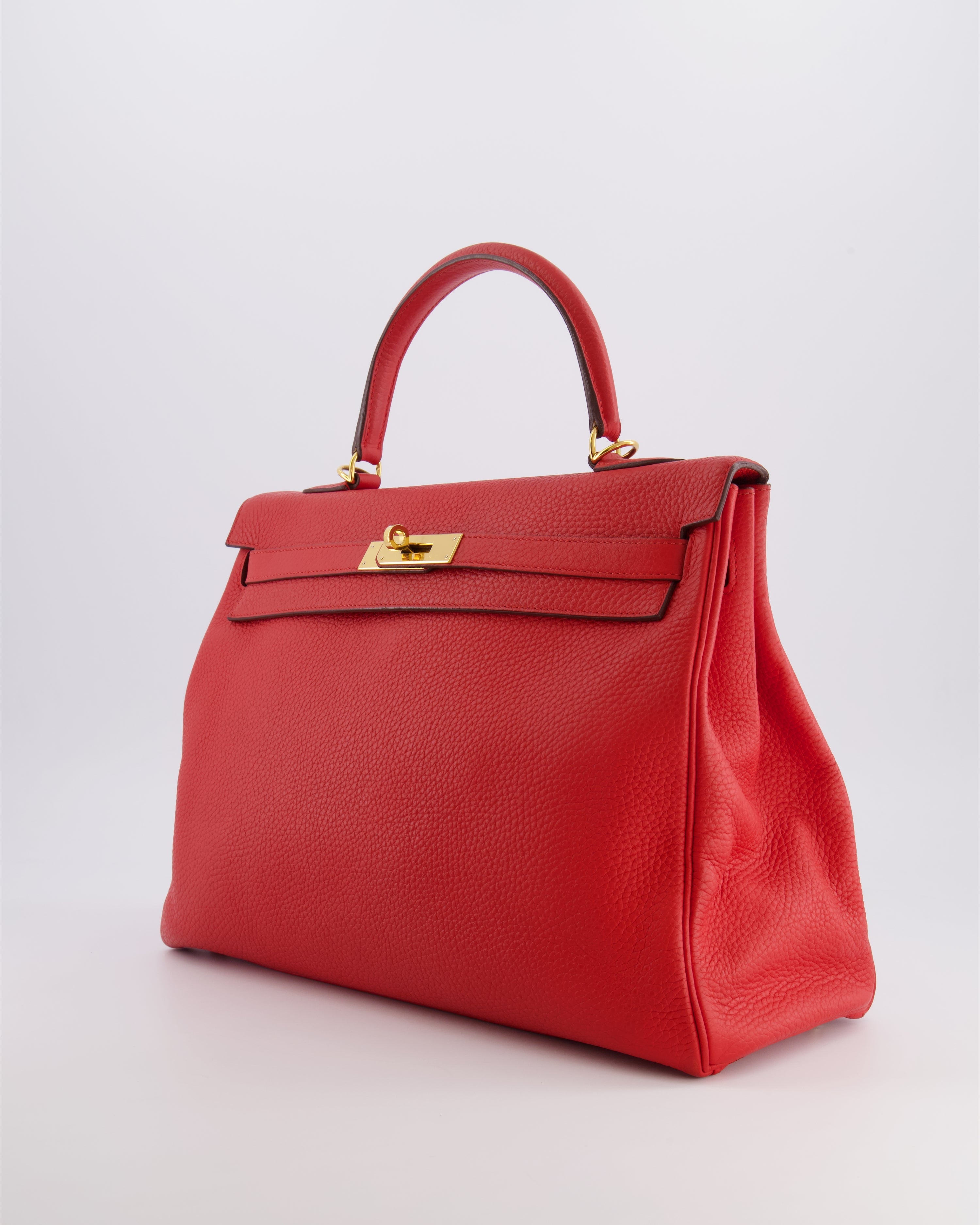 Hermès Kelly 35 Retourne Bag in Rouge Casaque Clemence Leather with Gold Hardware