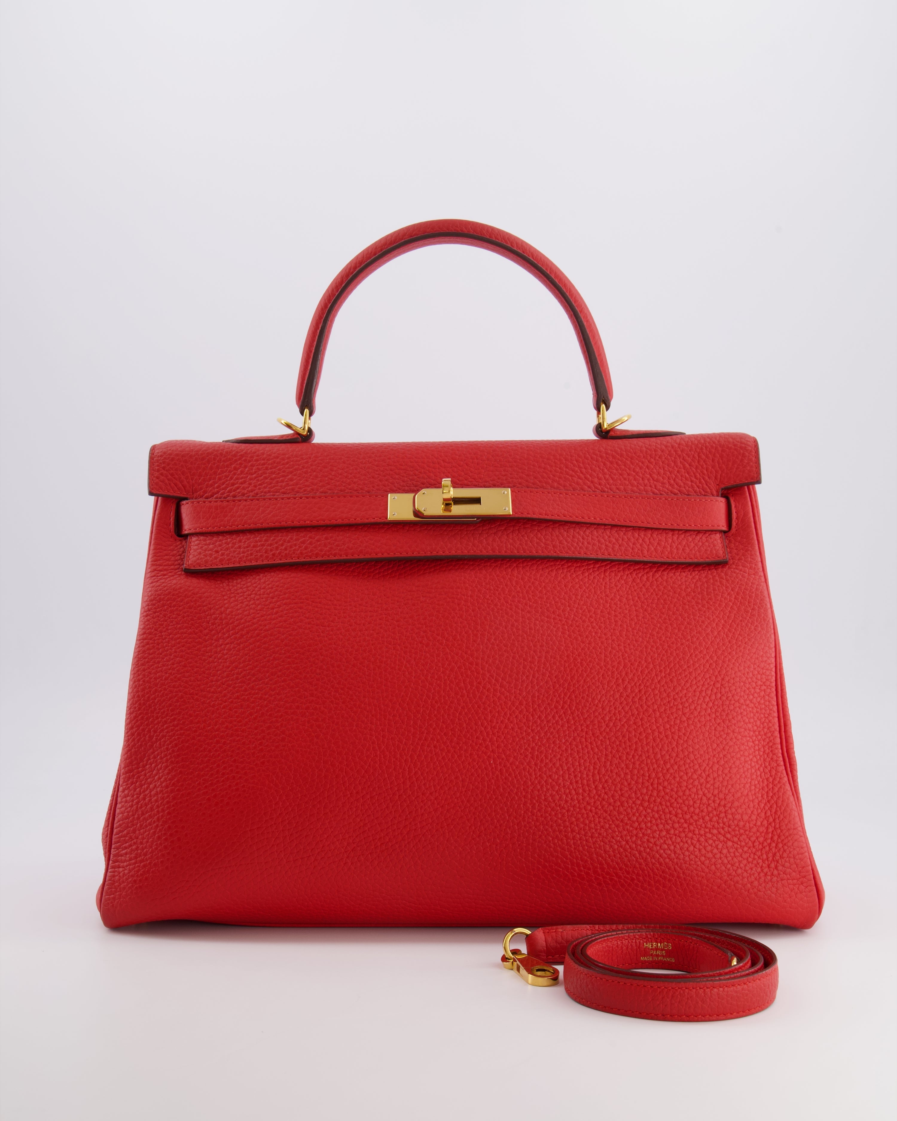Hermès Kelly 35 Retourne Bag in Rouge Casaque Clemence Leather with Gold Hardware