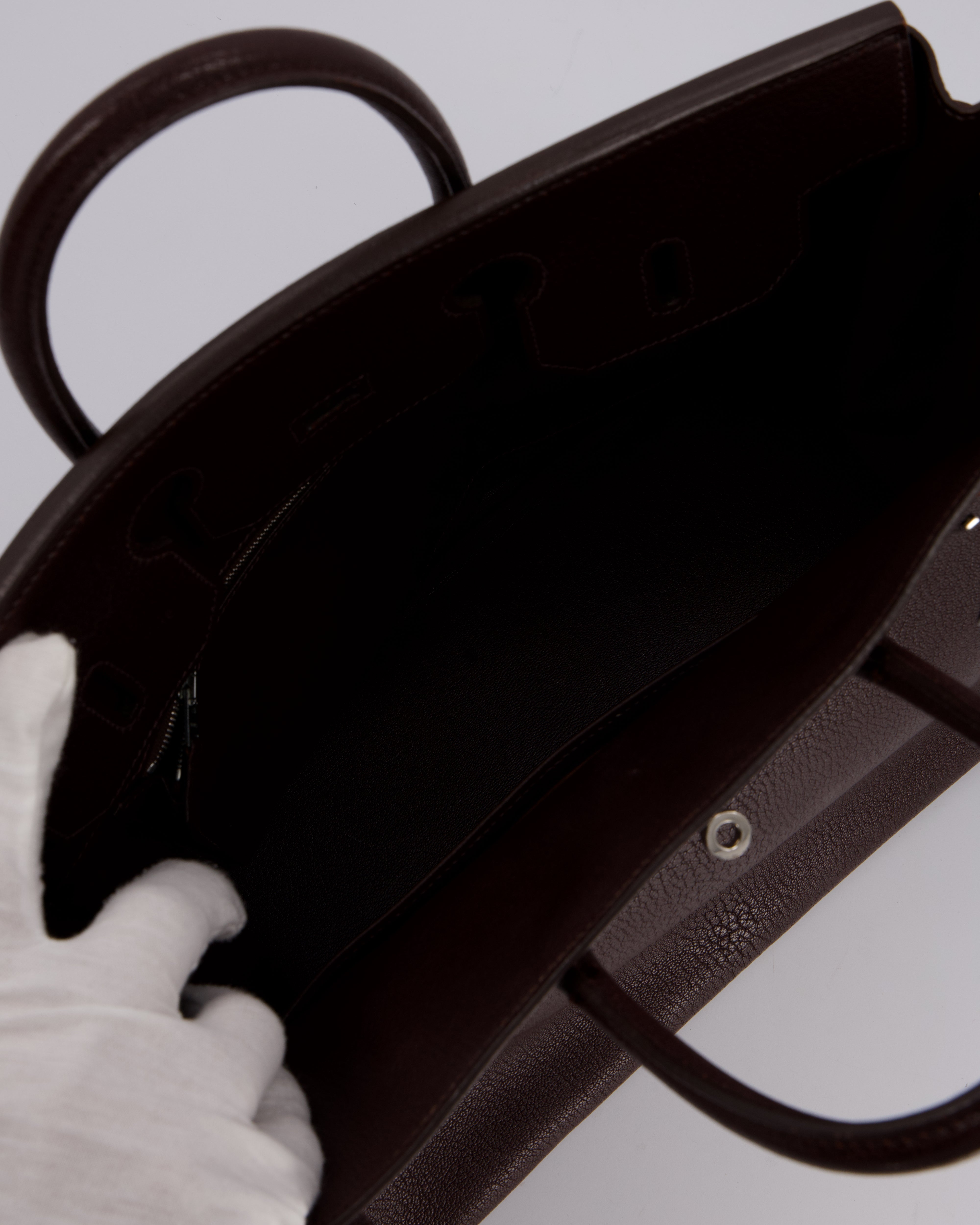 *RARE* Hermes HAC 32 Bag in Chocolat Chèvre Mysore Leather with Palladium Hardware