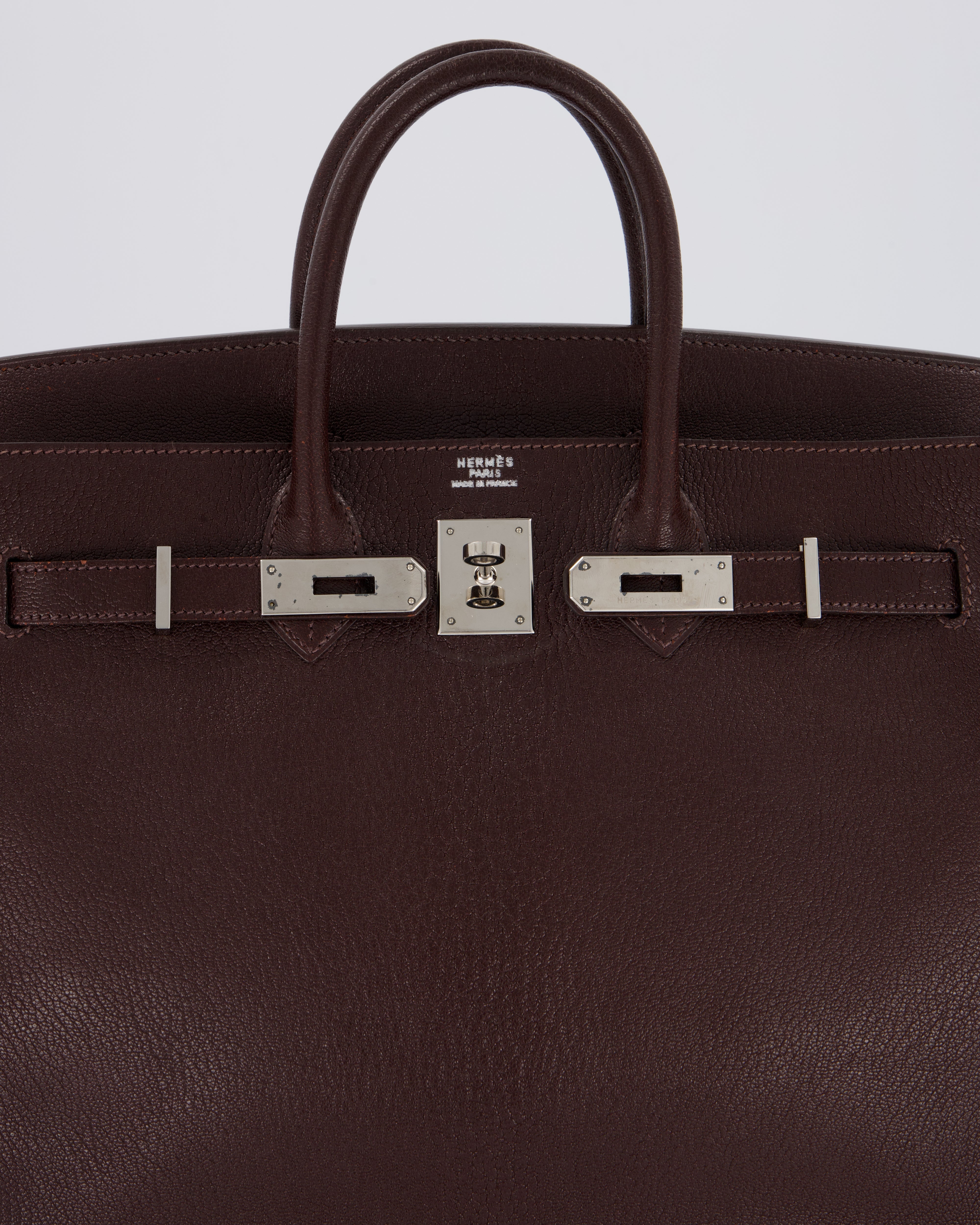 *RARE* Hermes HAC 32 Bag in Chocolat Chèvre Mysore Leather with Palladium Hardware