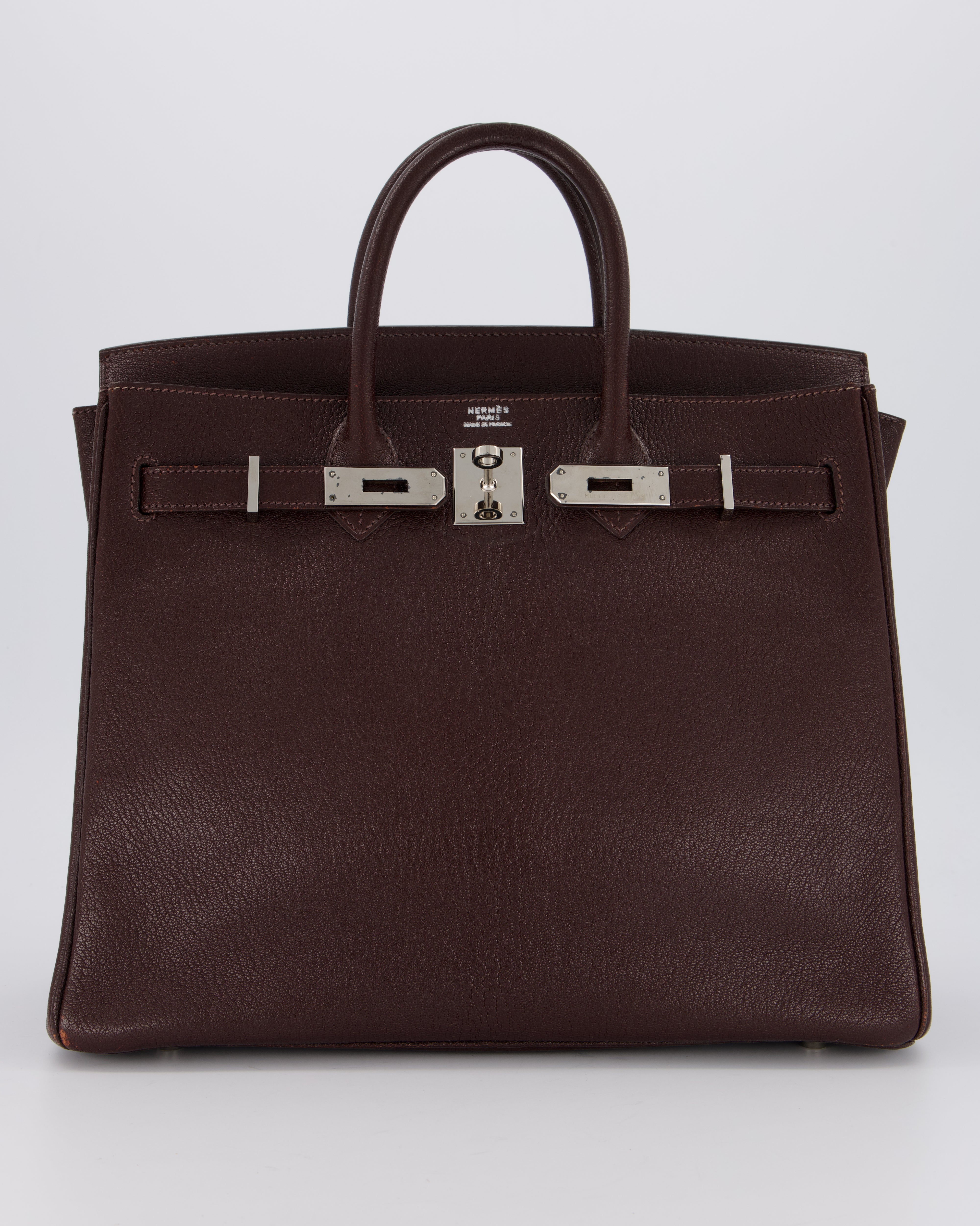 *RARE* Hermes HAC 32 Bag in Chocolat Chèvre Mysore Leather with Palladium Hardware