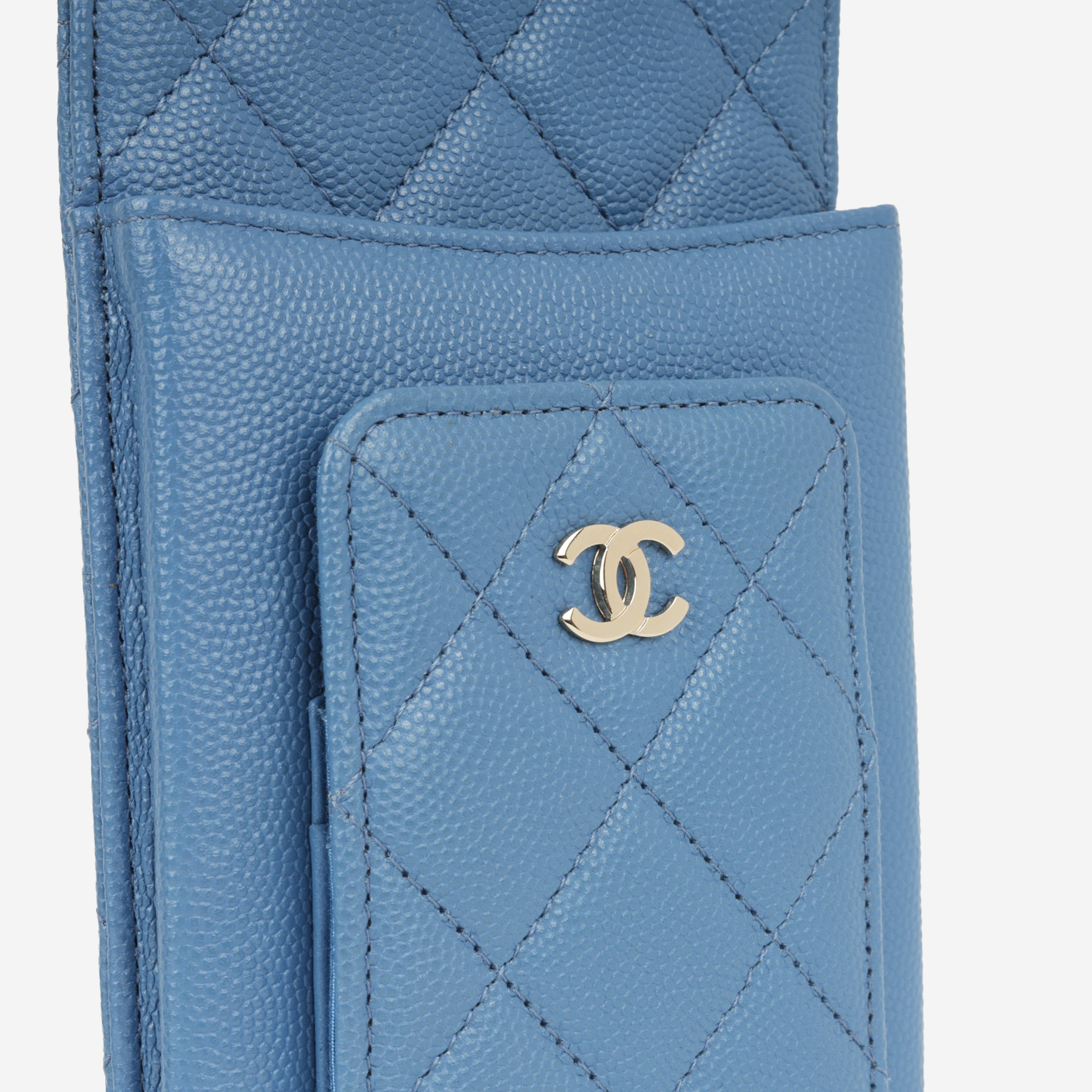 Chanel CC Phone Holder -  Blue Caviar | Champagne Gold Hardware