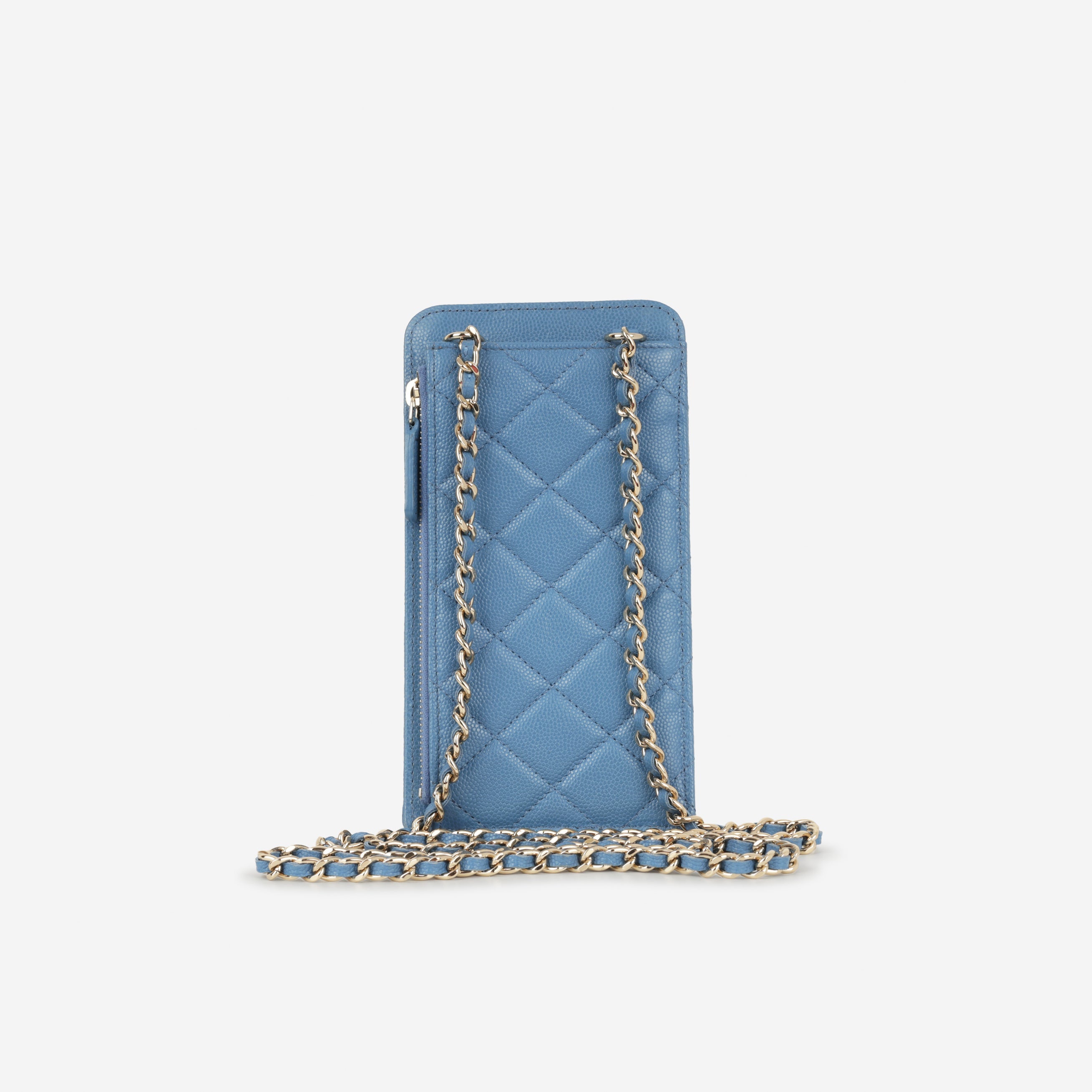 Chanel CC Phone Holder -  Blue Caviar | Champagne Gold Hardware