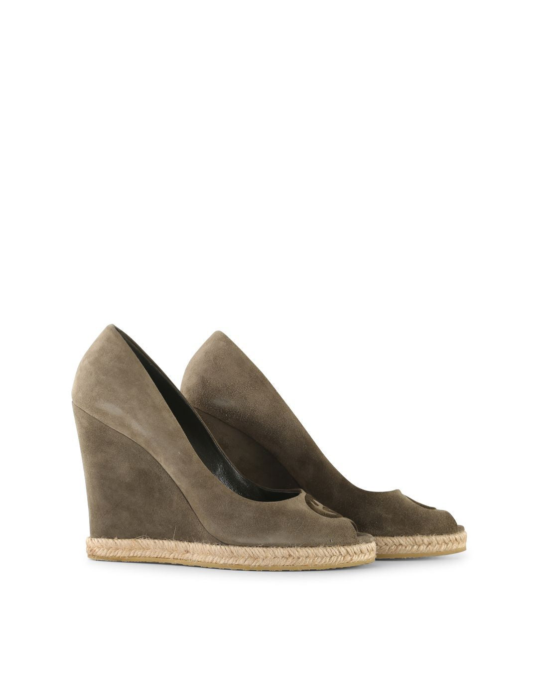 Women's Gucci Olive Suede Peep Toe Wedge Pumps
