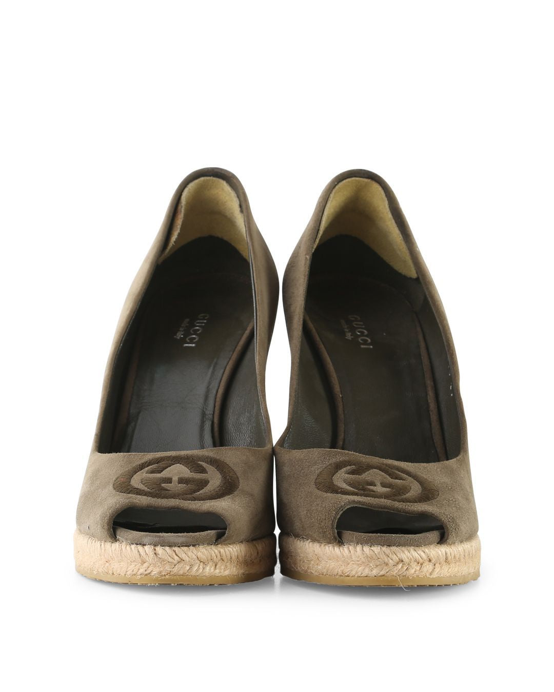 Women's Gucci Olive Suede Peep Toe Wedge Pumps