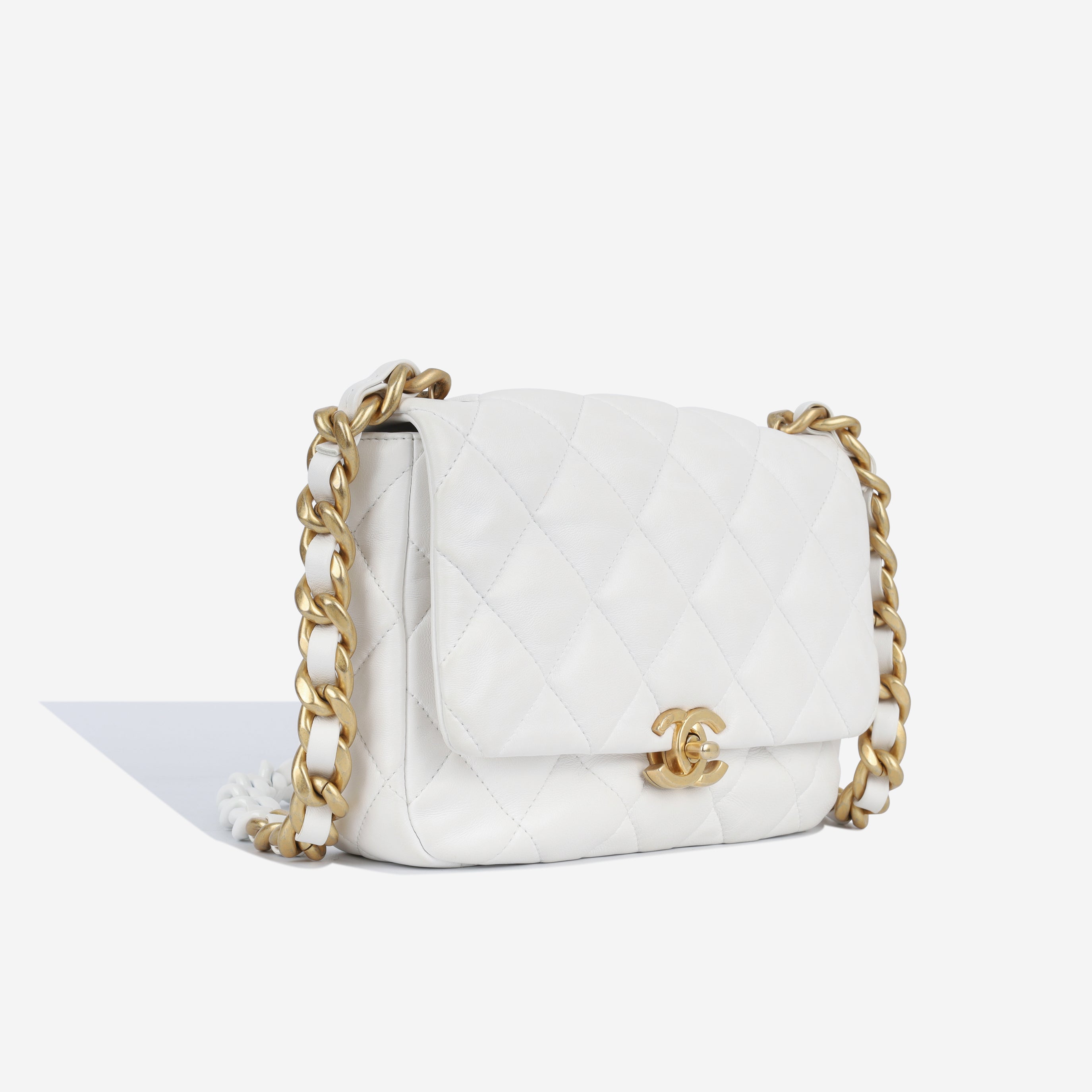 Lacquered Chain Flap Bag - White Lambskin