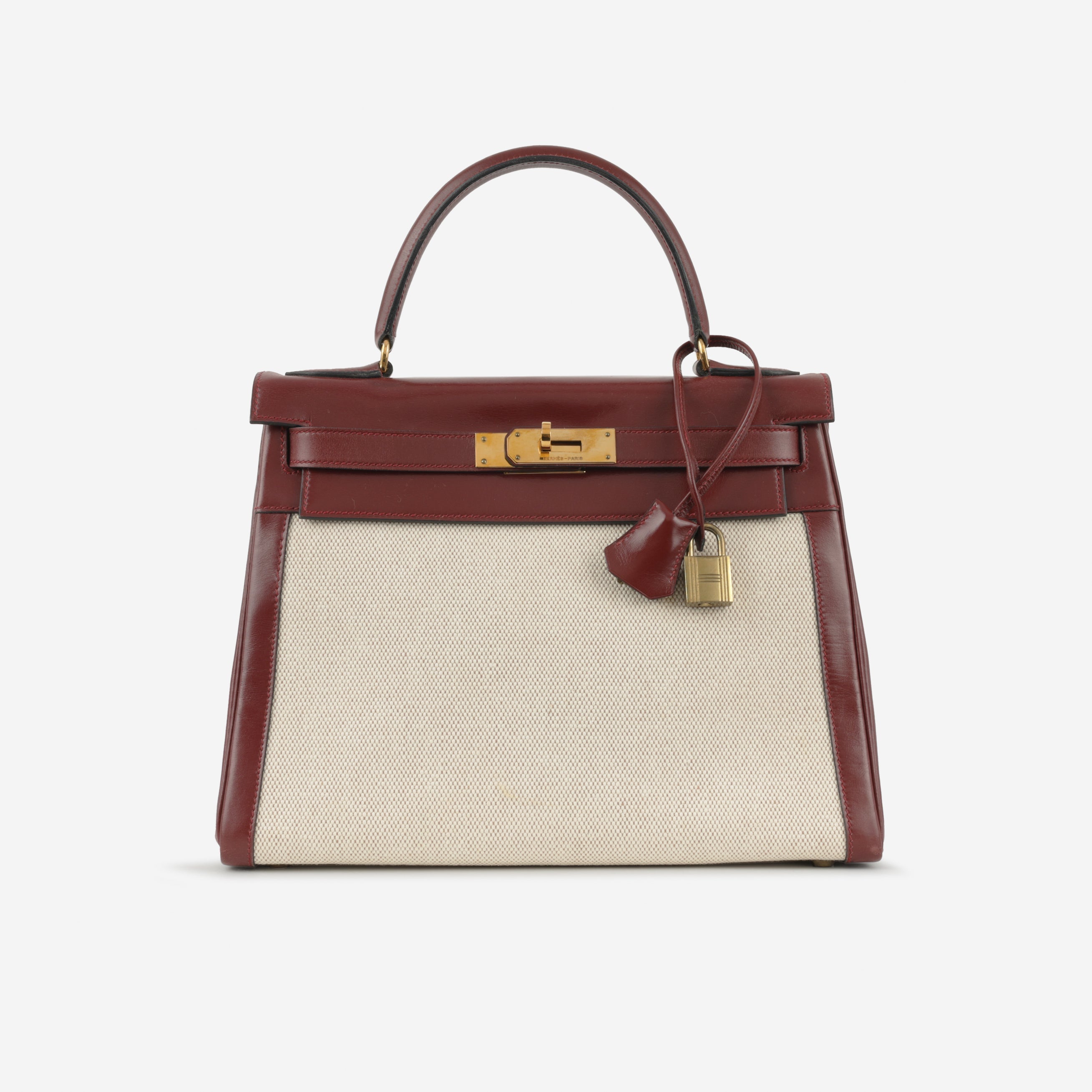 Hermès Vintage Kelly 28 - Bordeaux Box Calf / Ecru toile | Gold Hardware
