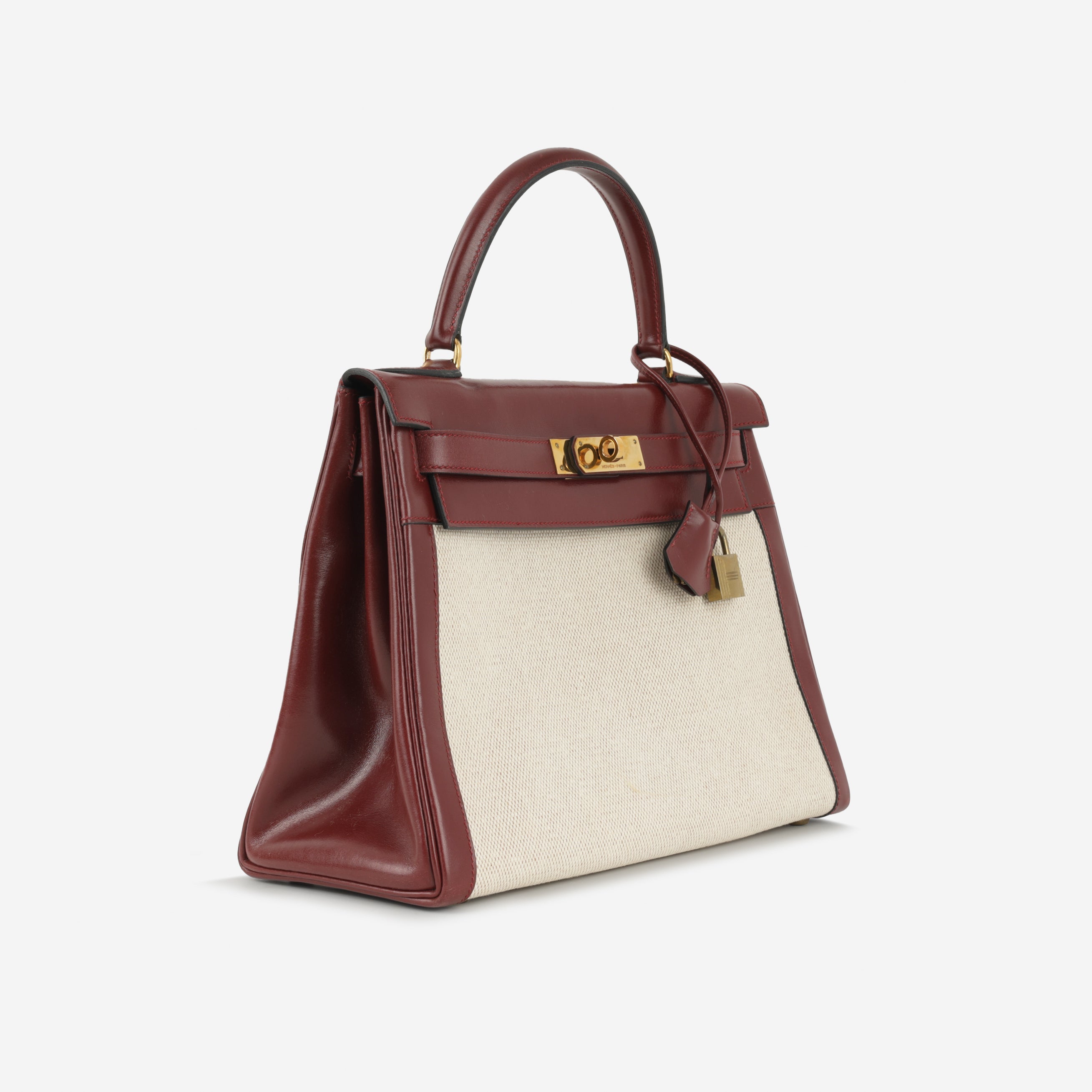 Hermès Vintage Kelly 28 - Bordeaux Box Calf / Ecru toile | Gold Hardware