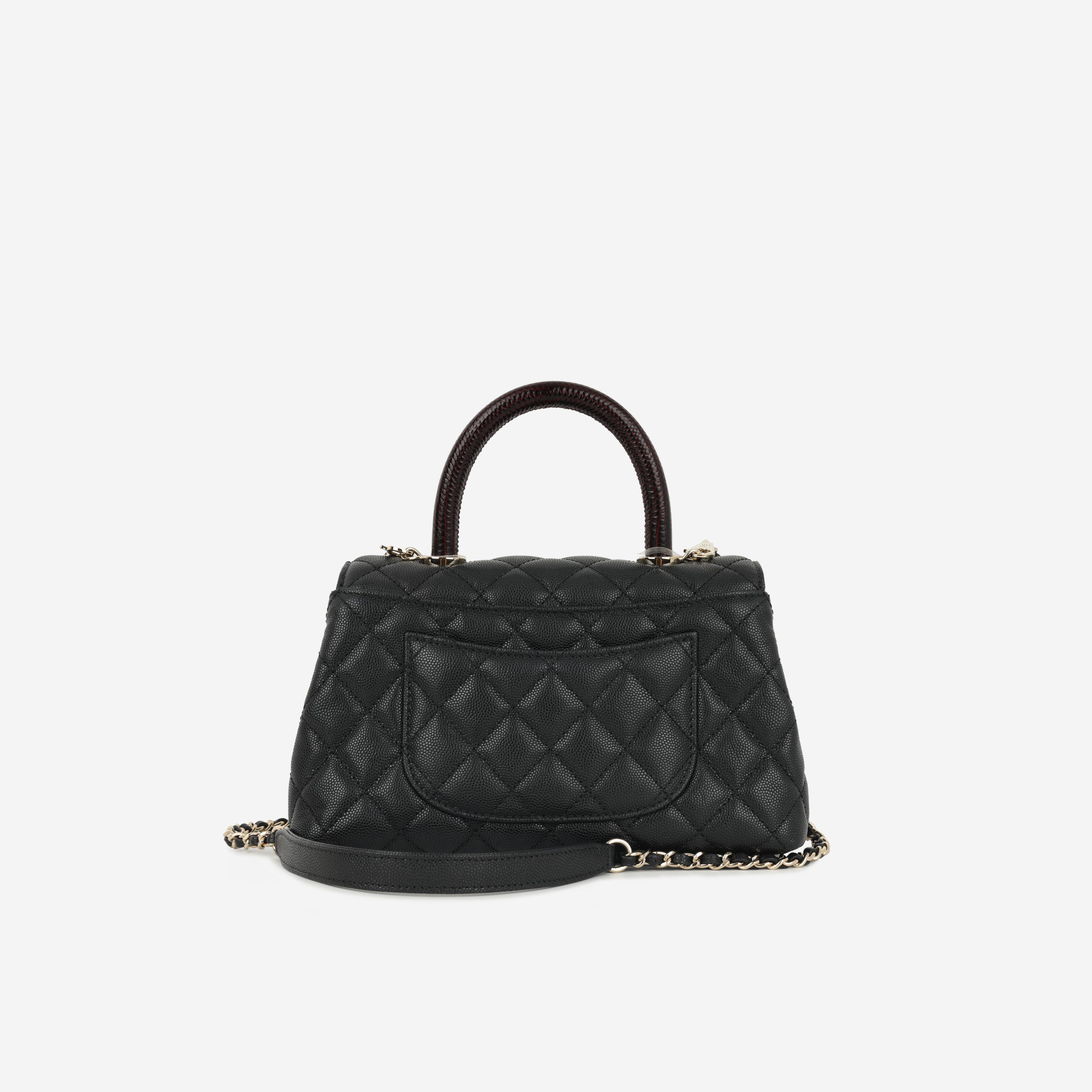 Chanel Small Coco Handle - Black Caviar / Burgundy Lizard Handle | Champagne Gold Hardware