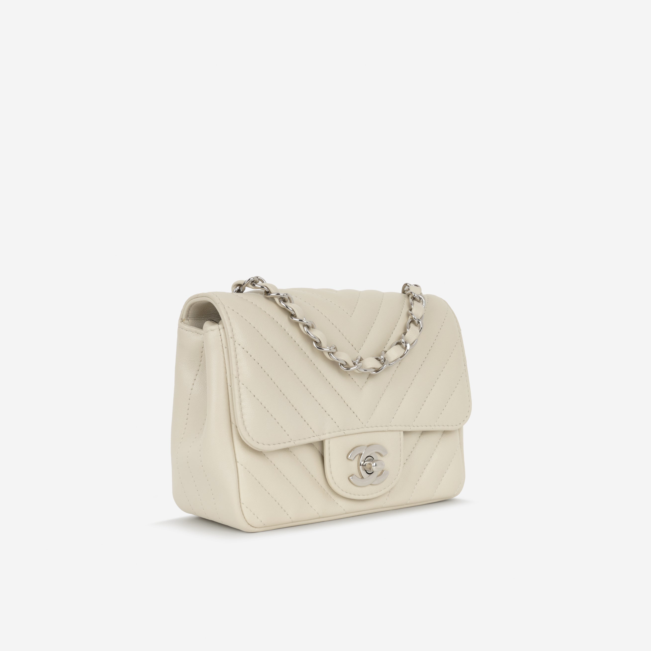 Chanel Mini Square - Ivory Chevron Lambskin | Silver Hardware