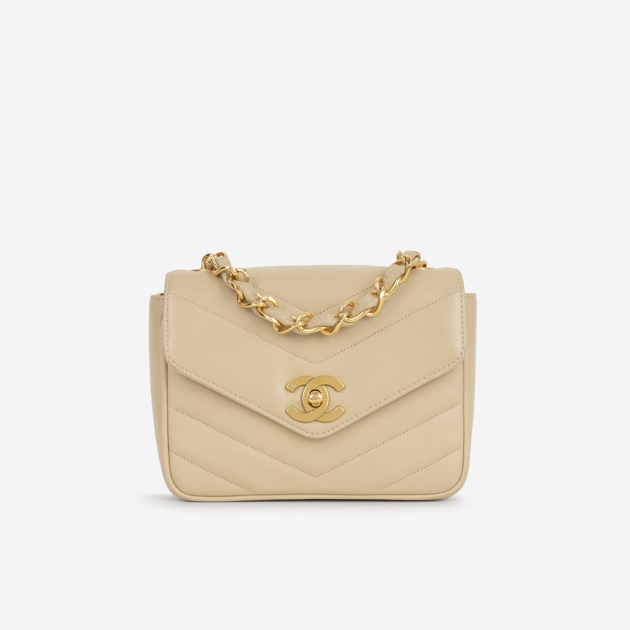 Chanel Vintage Square Chevron Flap - Beige Lambskin | Gold Hardware