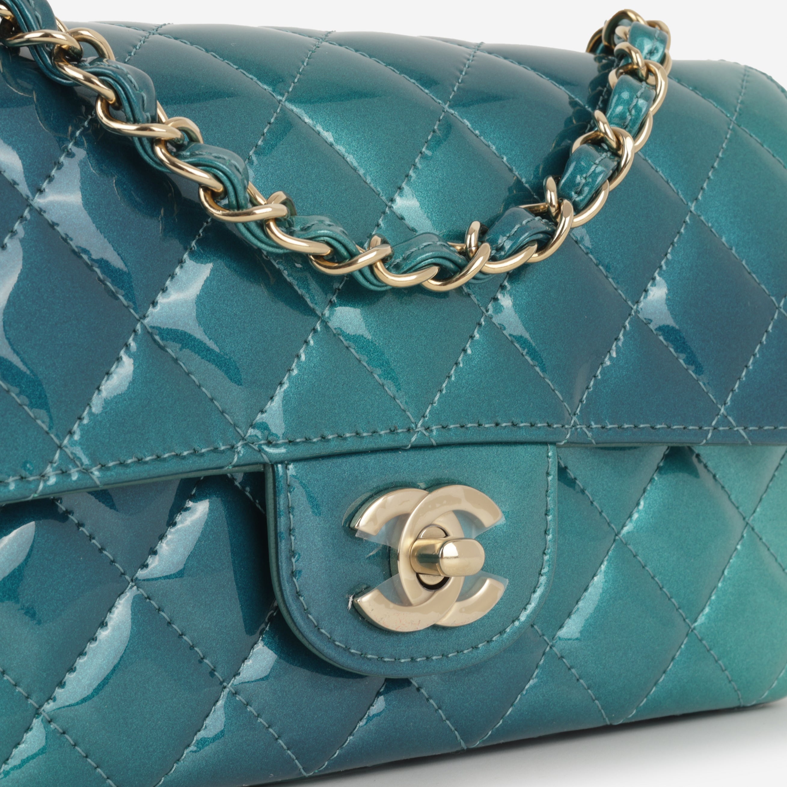 Chanel Mini Flap Rectangular - Blue Ombre Patent | Champagne Gold Hardware