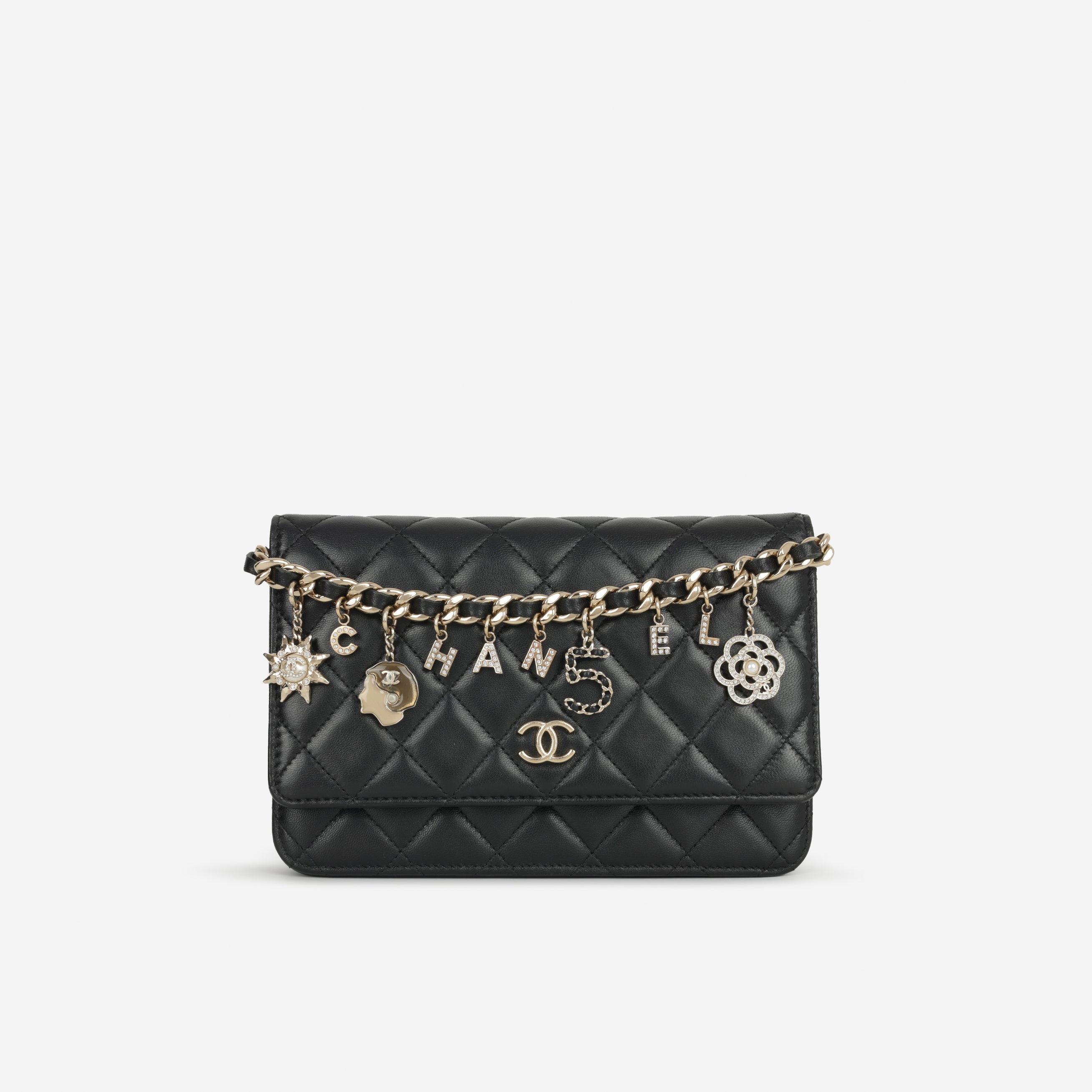 21c Chanel Seasonal Wallet On Chain - Black Lambskin |  Champagne Gold Hardware