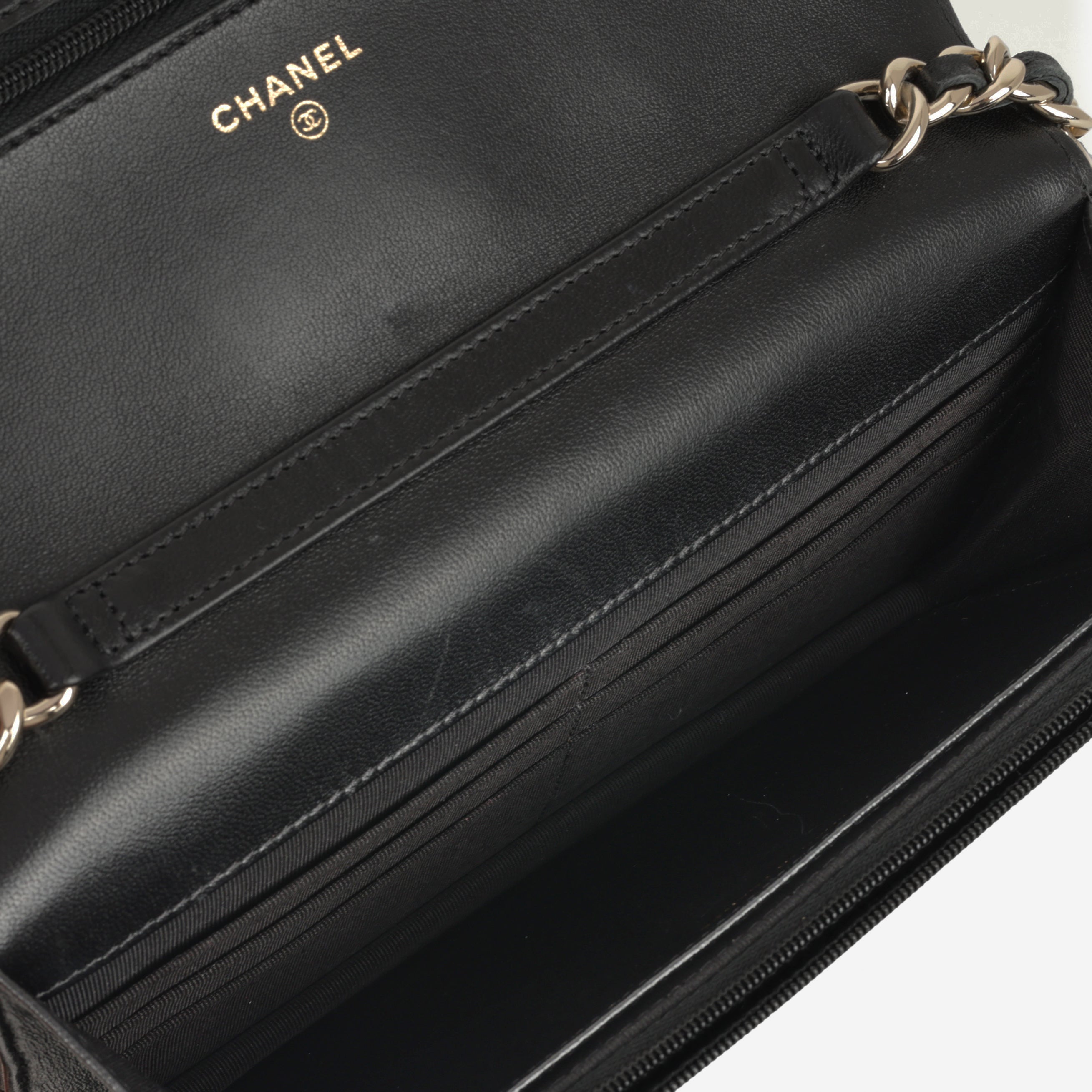 21c Chanel Seasonal Wallet On Chain - Black Lambskin |  Champagne Gold Hardware