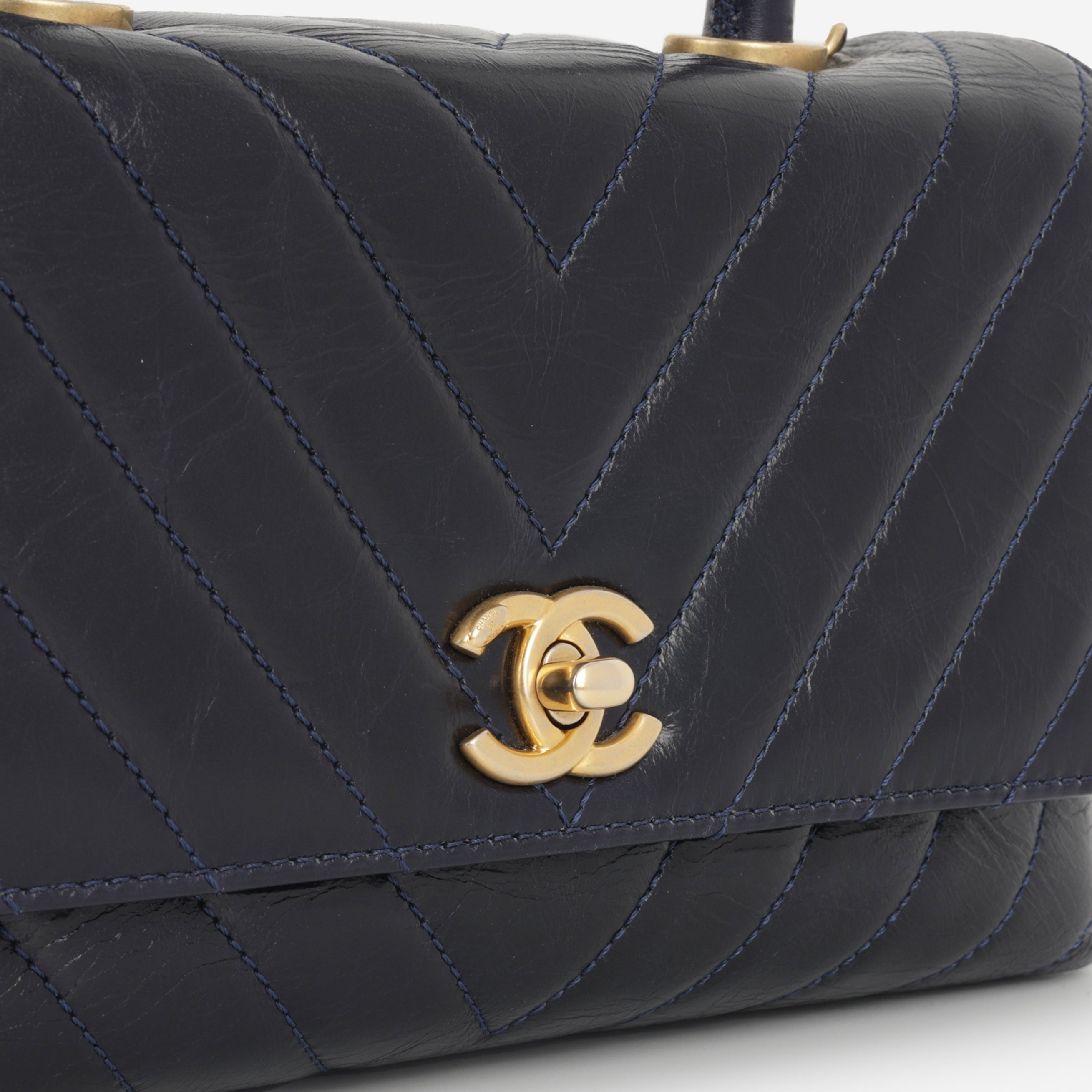 Chanel Small Coco Handle - Navy Chevron Calfskin | Gold Hardware