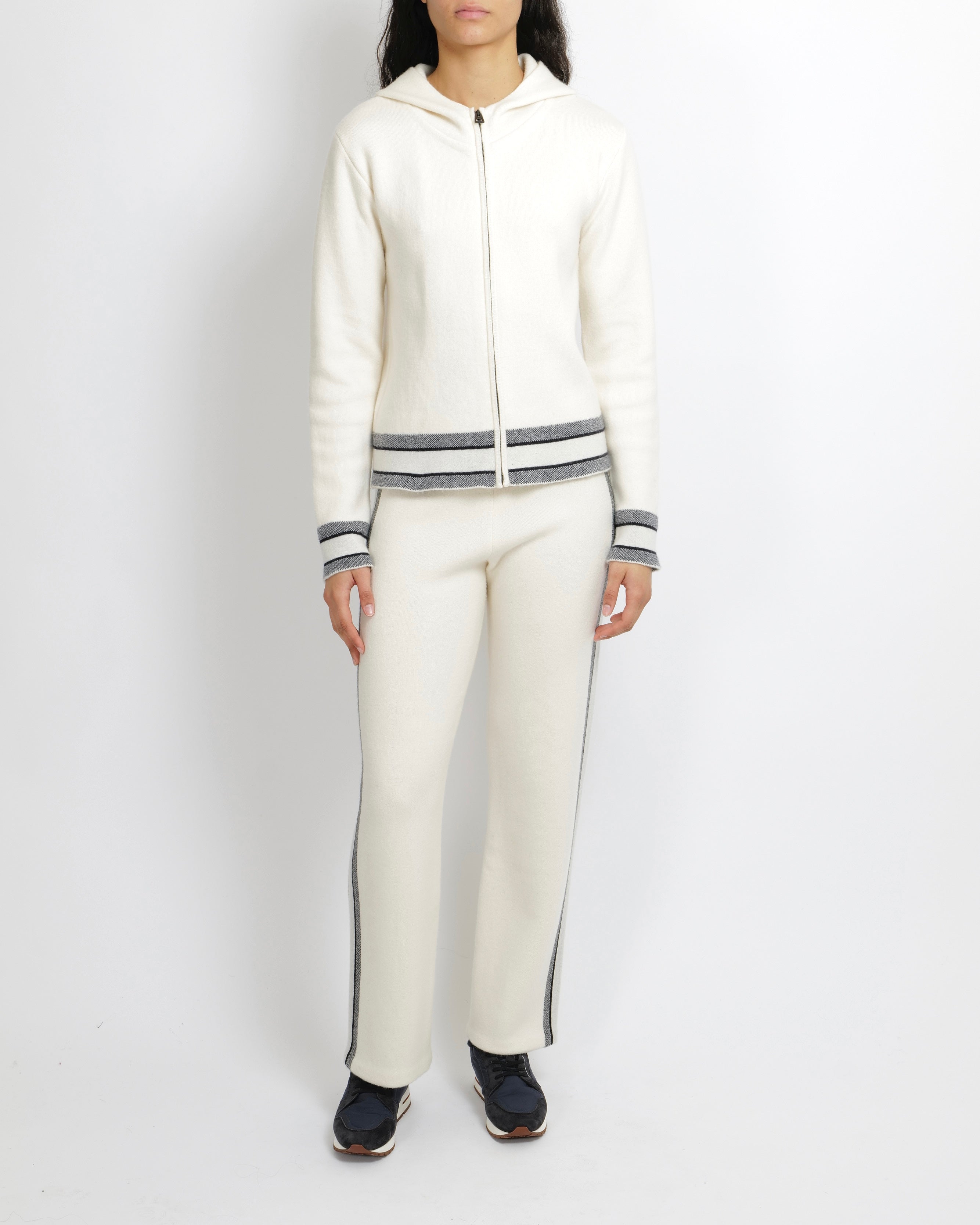 Christian Dior Cream Cashmere Hooded Jumper and Trouser Set with Navy Cuffs and Waistband and Back Logo Size FR 36 (UK 8)
