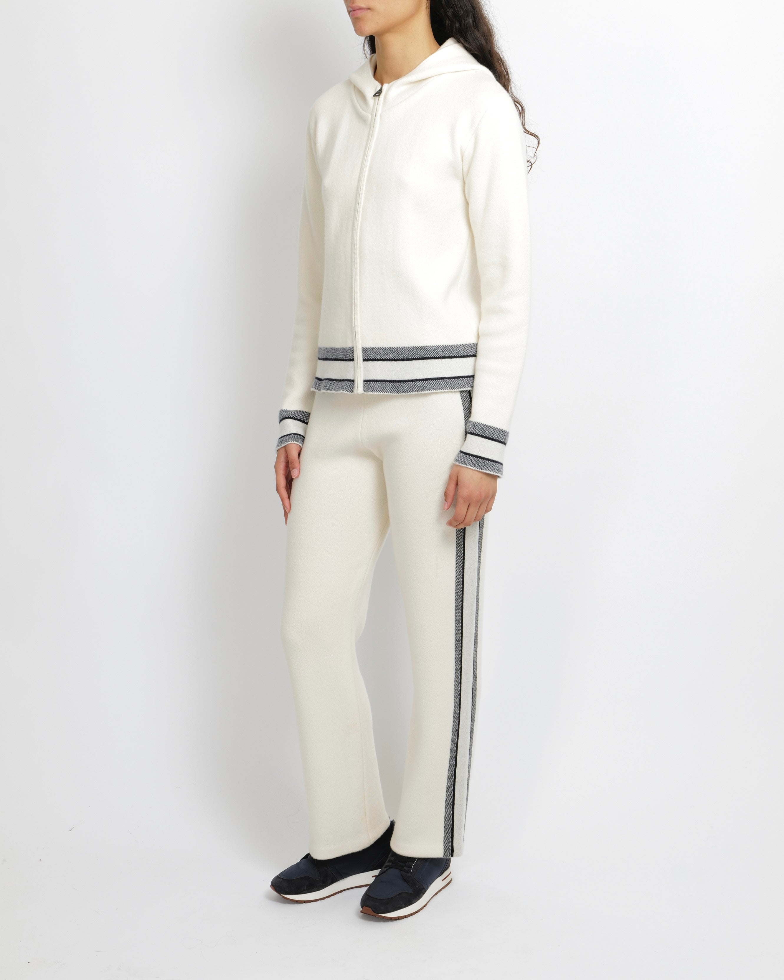 Christian Dior Cream Cashmere Hooded Jumper and Trouser Set with Navy Cuffs and Waistband and Back Logo Size FR 36 (UK 8)