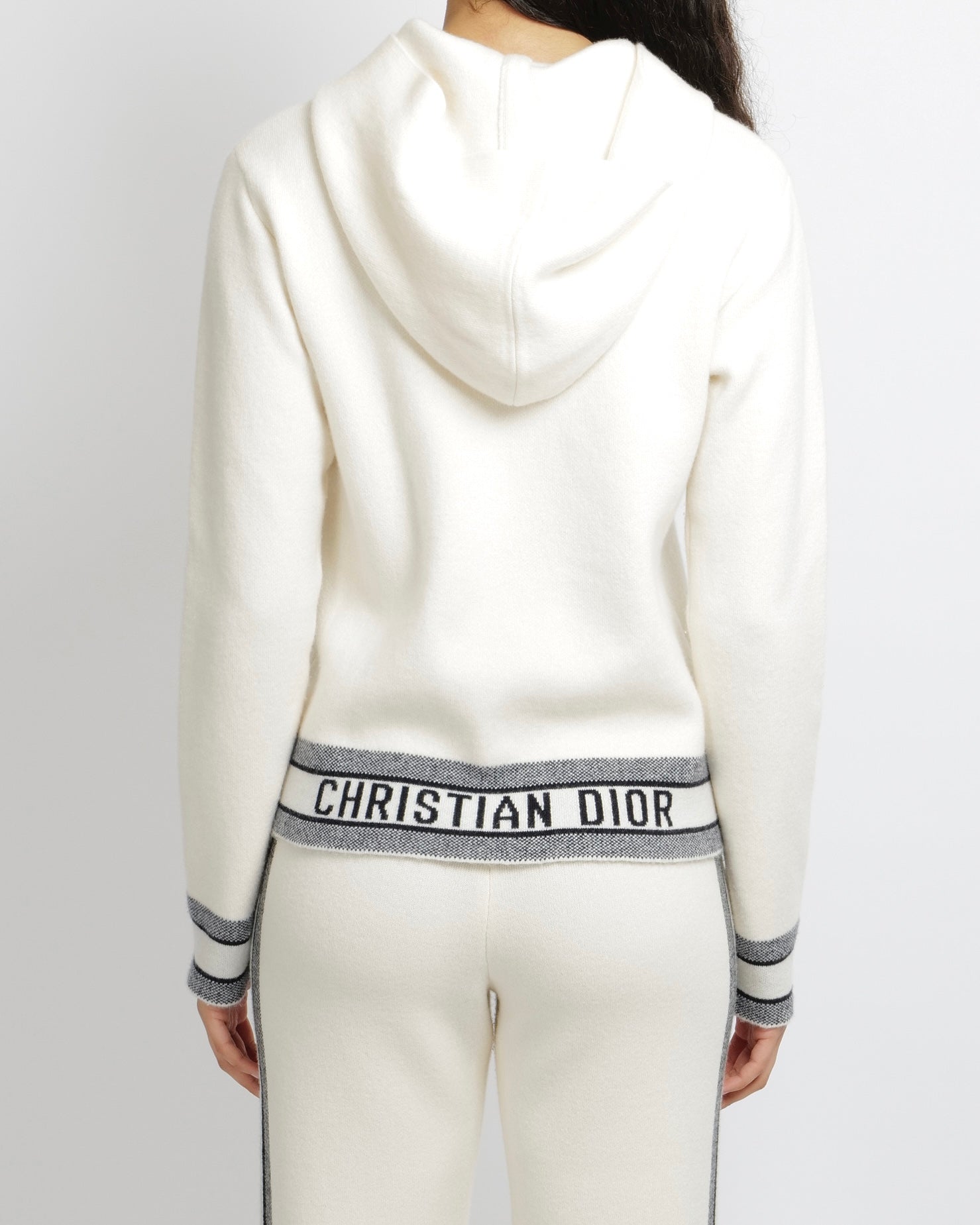 Christian Dior Cream Cashmere Hooded Jumper and Trouser Set with Navy Cuffs and Waistband and Back Logo Size FR 36 (UK 8)