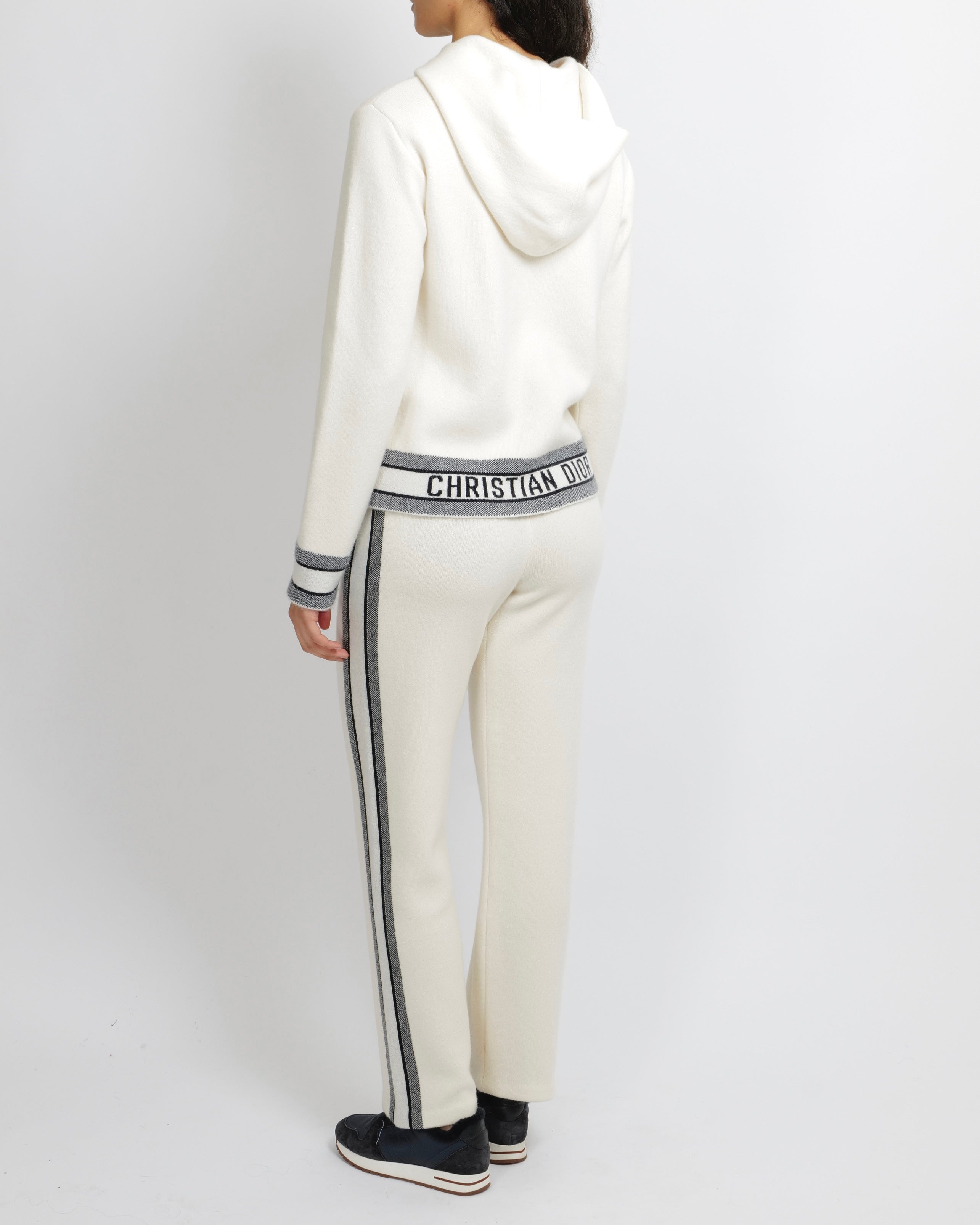 Christian Dior Cream Cashmere Hooded Jumper and Trouser Set with Navy Cuffs and Waistband and Back Logo Size FR 36 (UK 8)