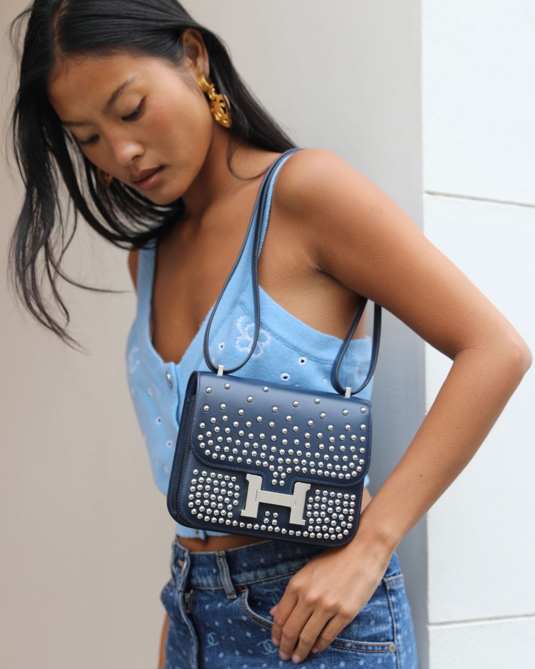 *LIMITED EDITION* Hermès Mini Constance Clouté III Miroir 18 Bag in Bleu Abysse Calfskin Box Leather with Palladium Hardware