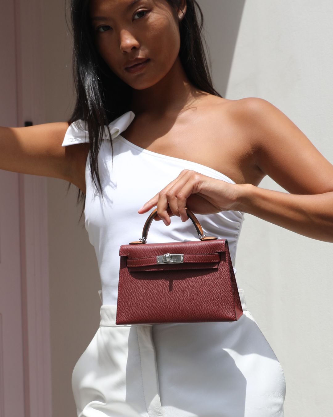 *SUPER RARE* Hermès Mini Kelly II Tricolour 20 Bag In Rouge H, Gold, and Bai Brun Epsom Leather with Palladium Hardware