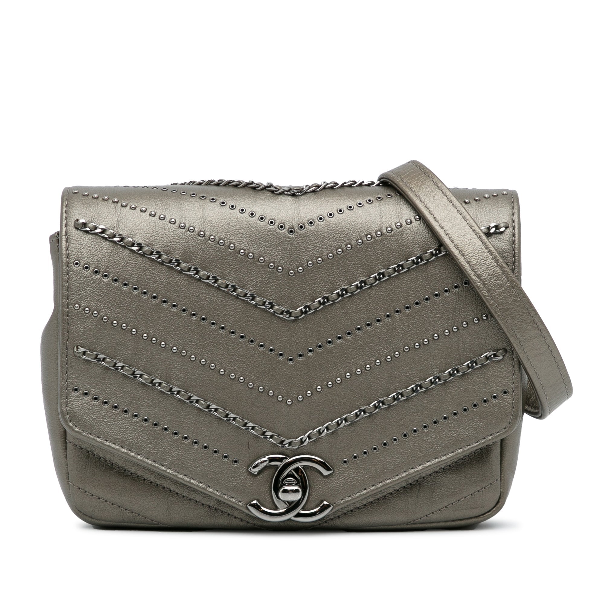 Envelope Square Chain Flap Bag Chevron Embellished Calfskin Mini