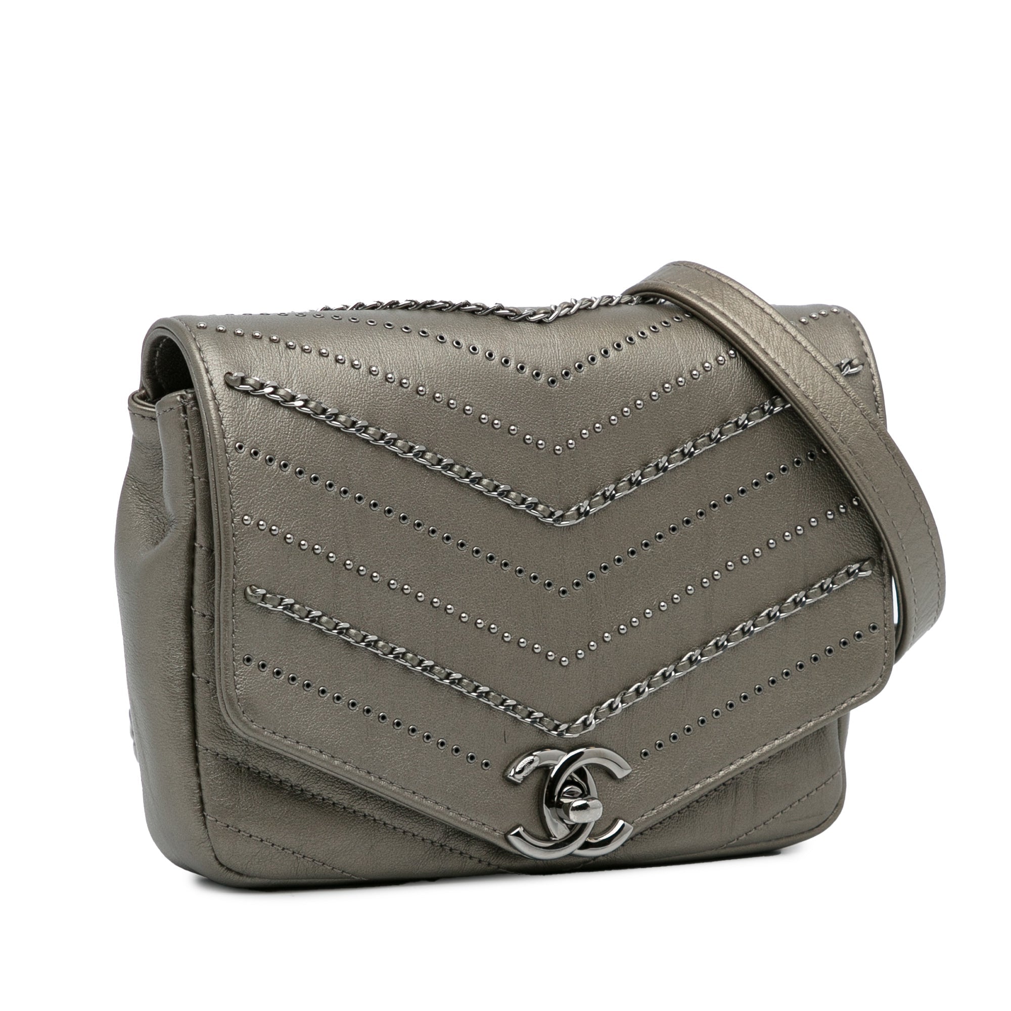 Envelope Square Chain Flap Bag Chevron Embellished Calfskin Mini