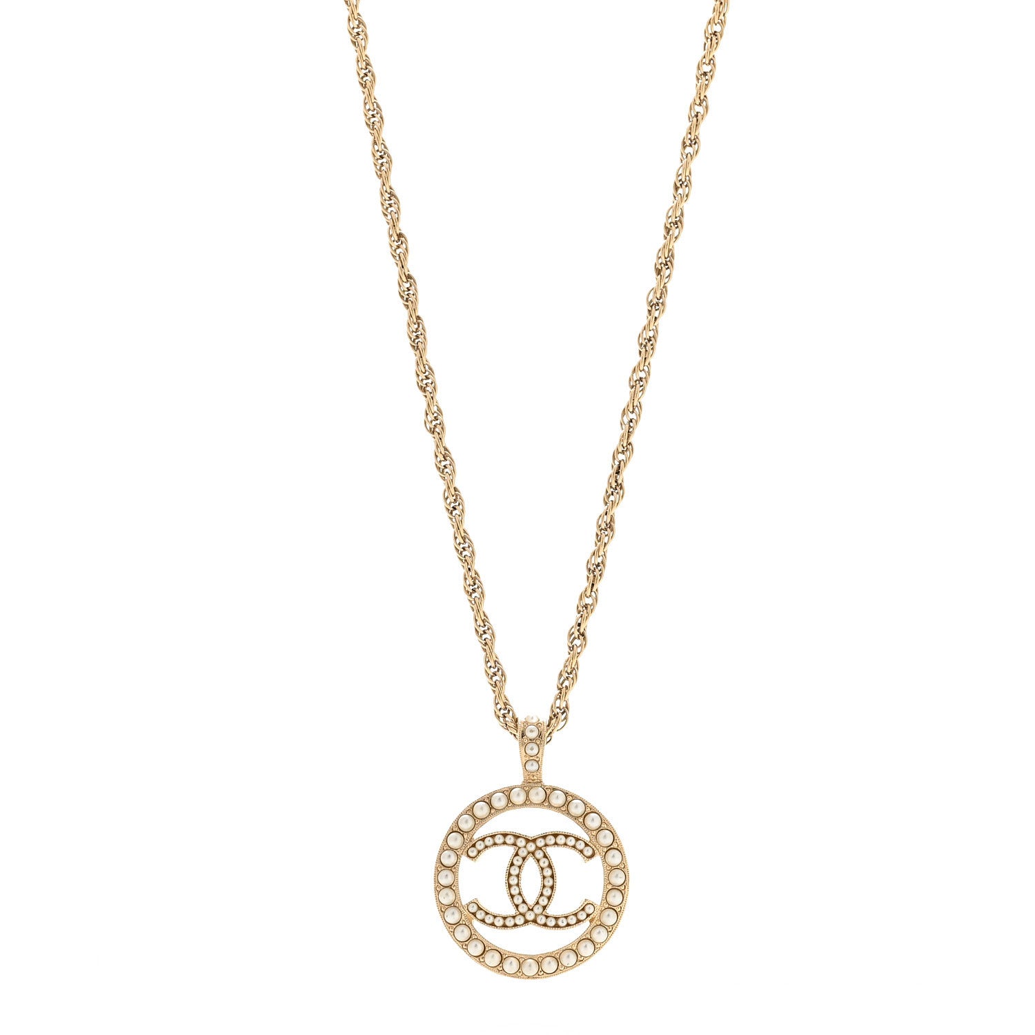 Pearl CC Round Pendant Necklace Gold