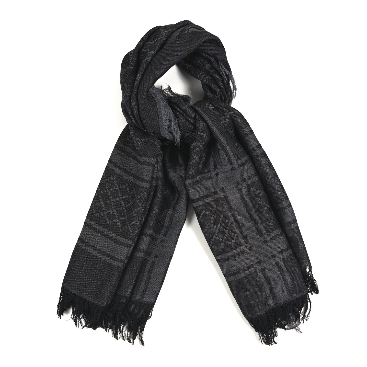 Wool Silk GG Monogram Diamante Plaid Surviee Shawl Graphite Black