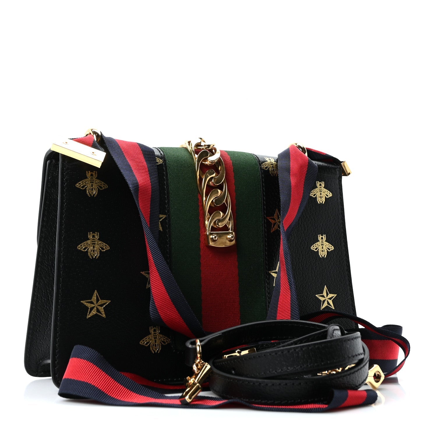 Textured Calfskin Bee Star Print Small Sylvie Shoulder Bag Black