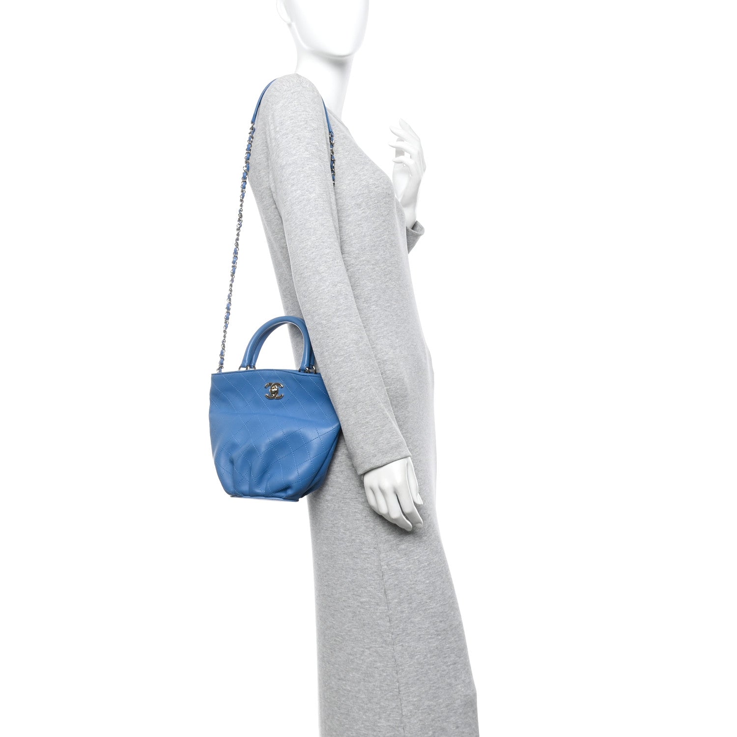 Calfskin Stitched Chain Top Handle Bucket Bag Blue