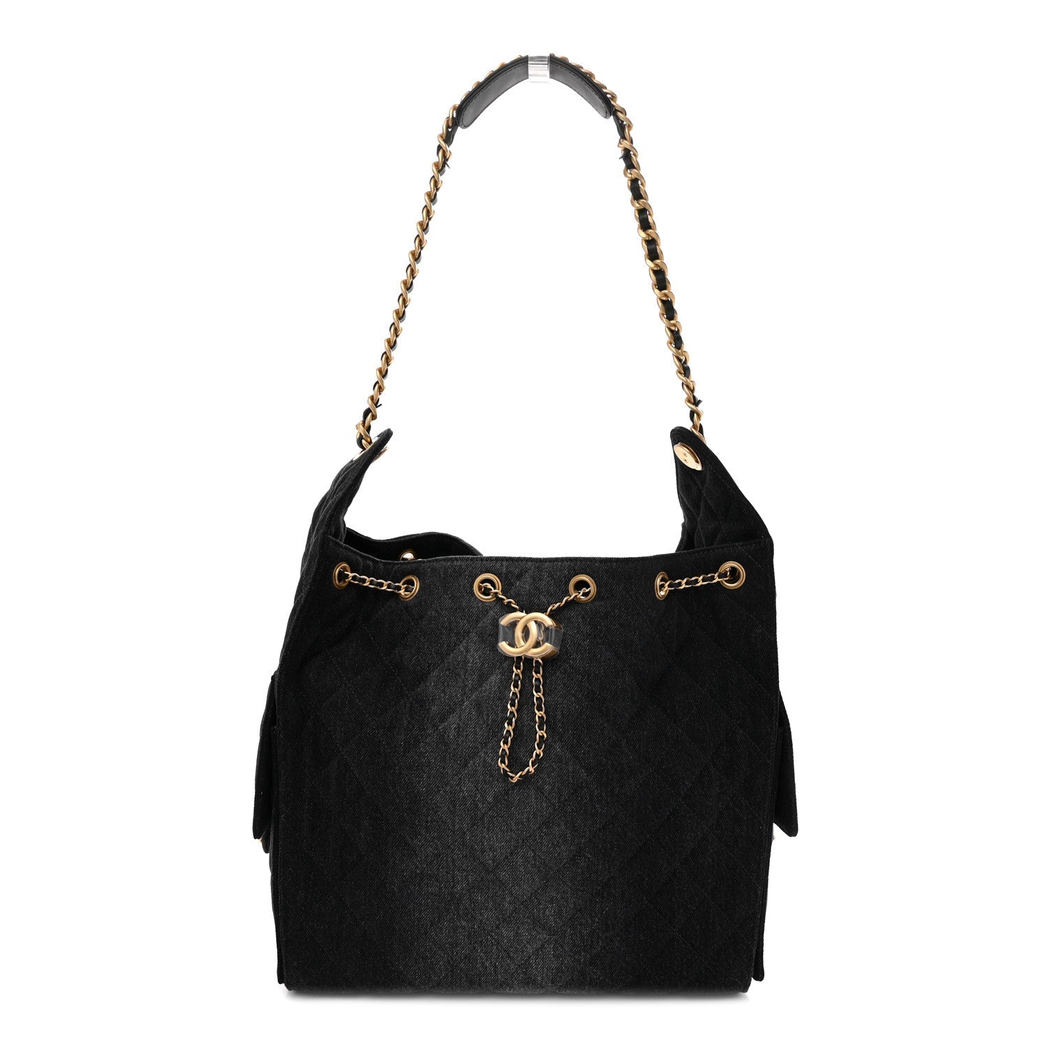 Washed Denim Quilted Medium Chanel 25 Handbag Black