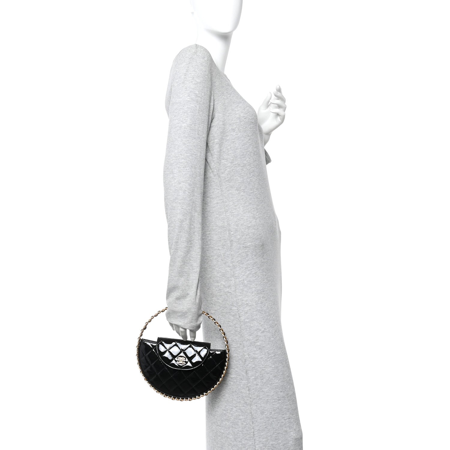 Patent Calfskin Quilted Chain Hoop Bag Black