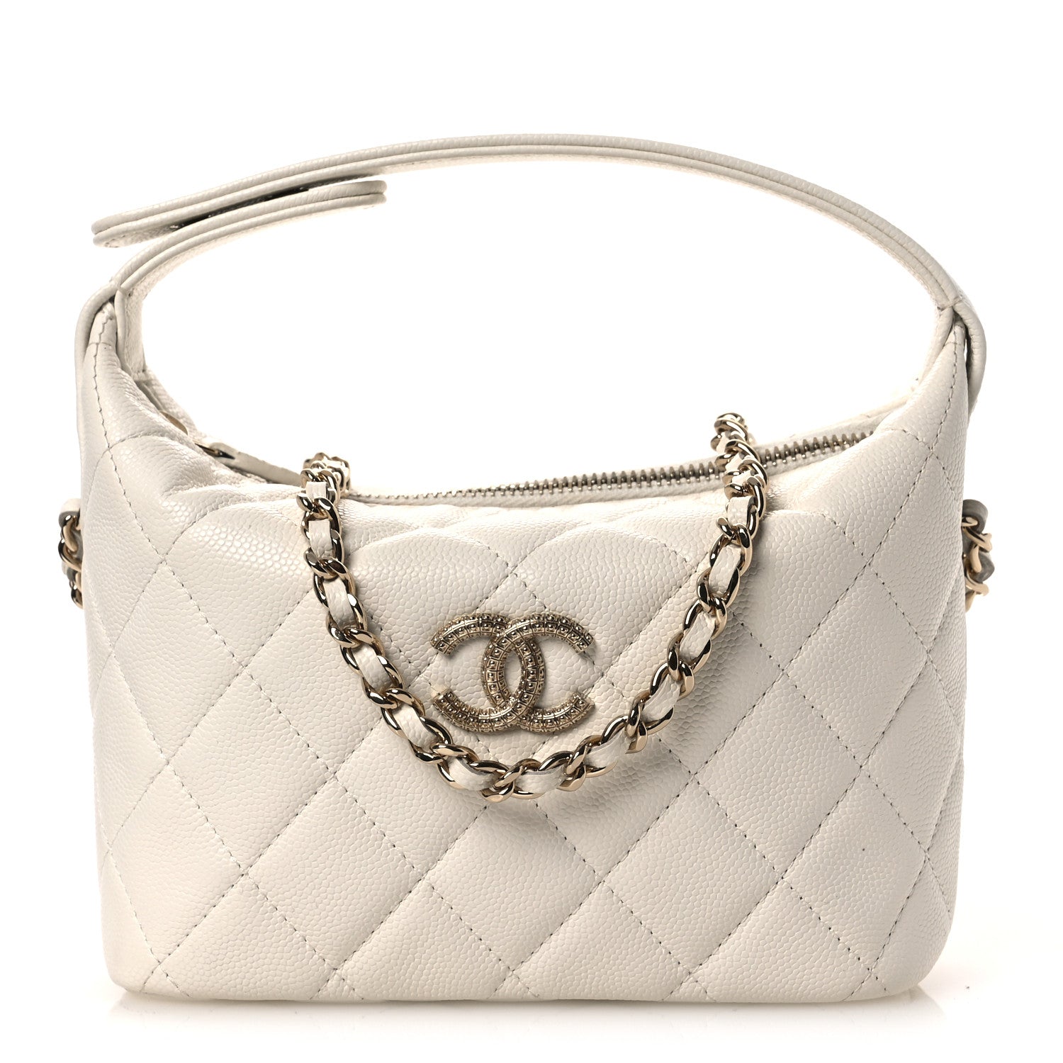Caviar Quilted Hobo Clutch With Chain White