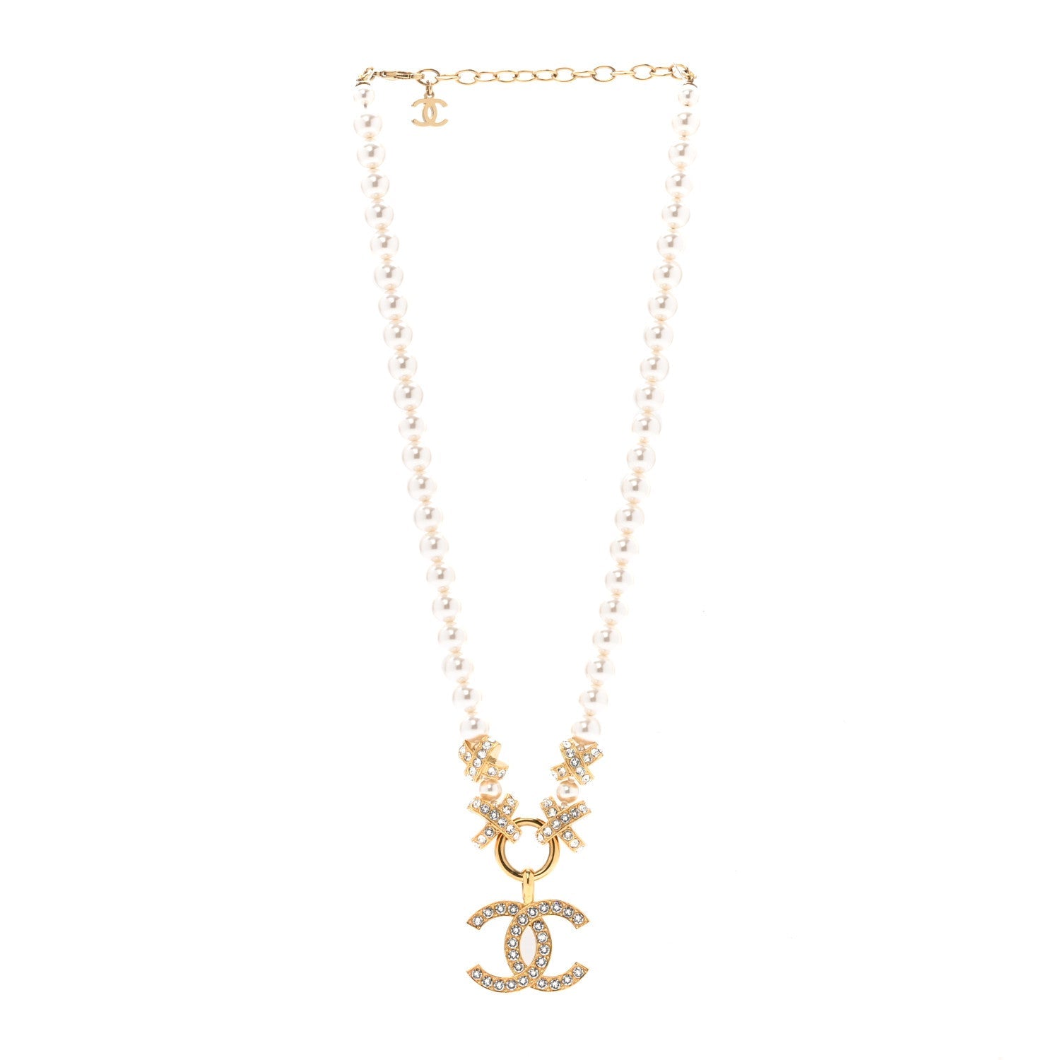 Metal Crystal CC X Pearl Necklace Gold