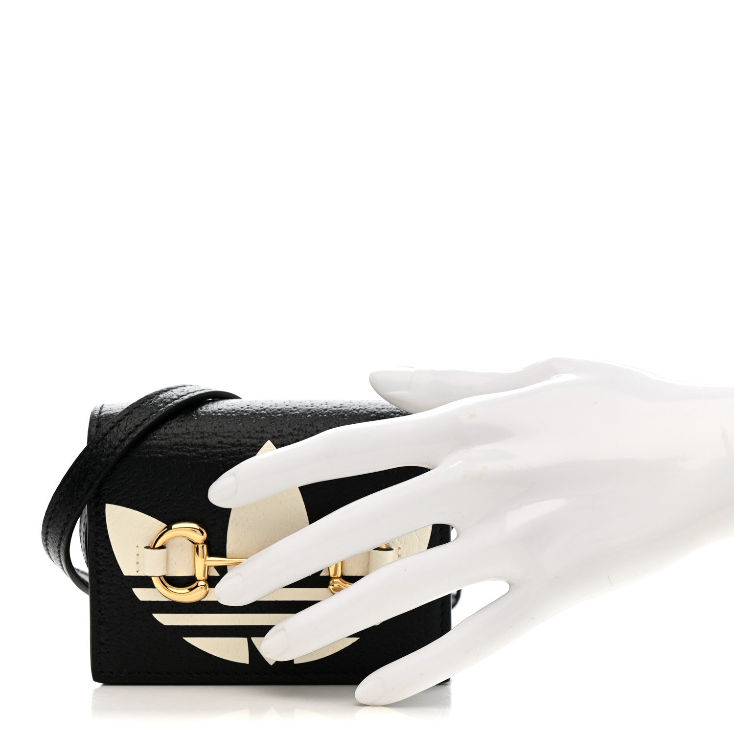 X ADIDAS Textured Dollar Calfskin Trefoil Horsebit 1955 Card Case Wallet With Strap Black Off White