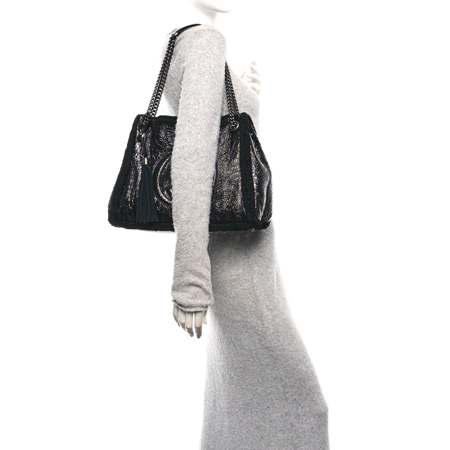 Patent Shearling Medium Soho Chain Shoulder Bag Black
