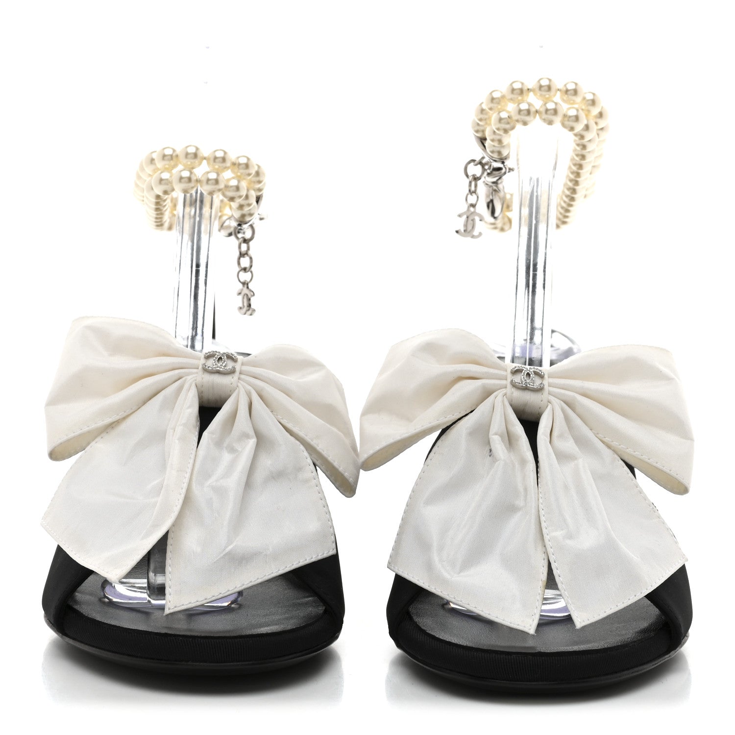 Silk Pearl Ankle Strap Sandals 37 Black White