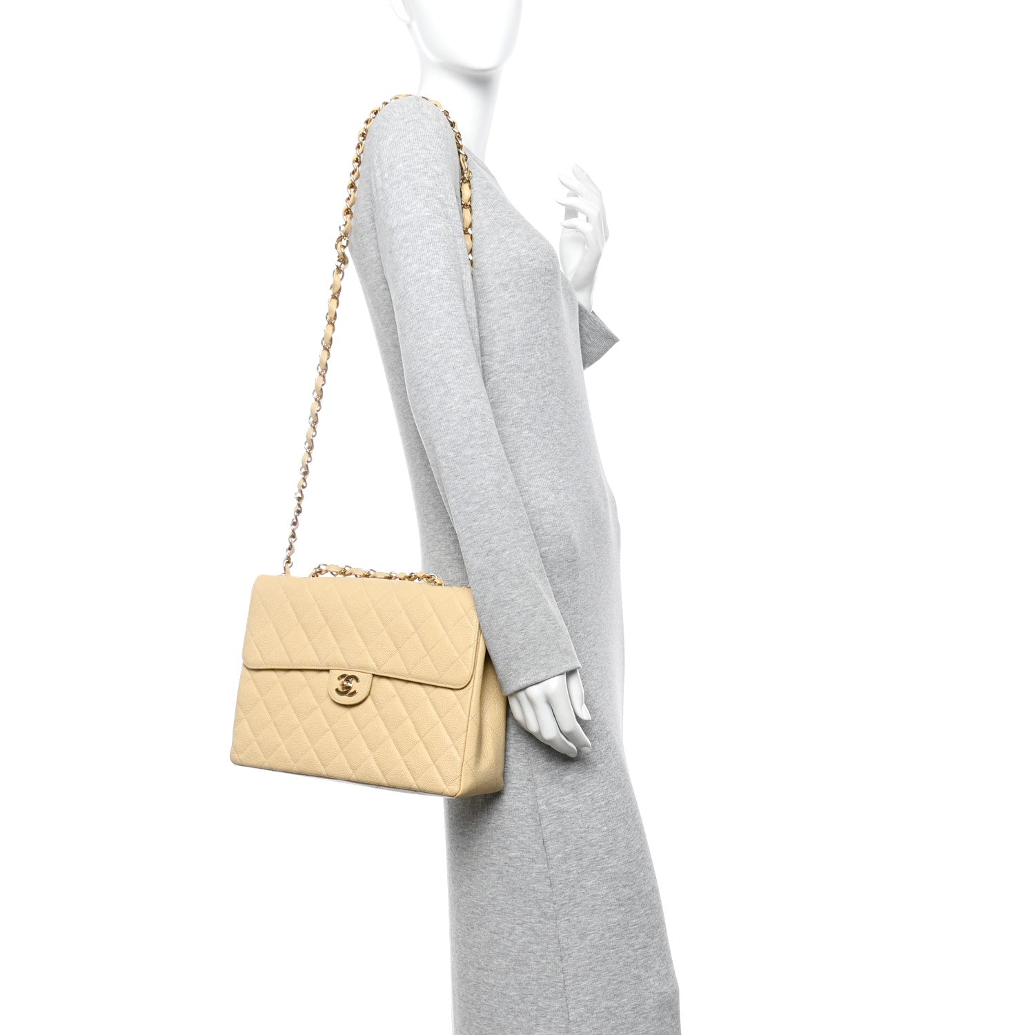 Caviar Quilted Jumbo Single Flap Beige
