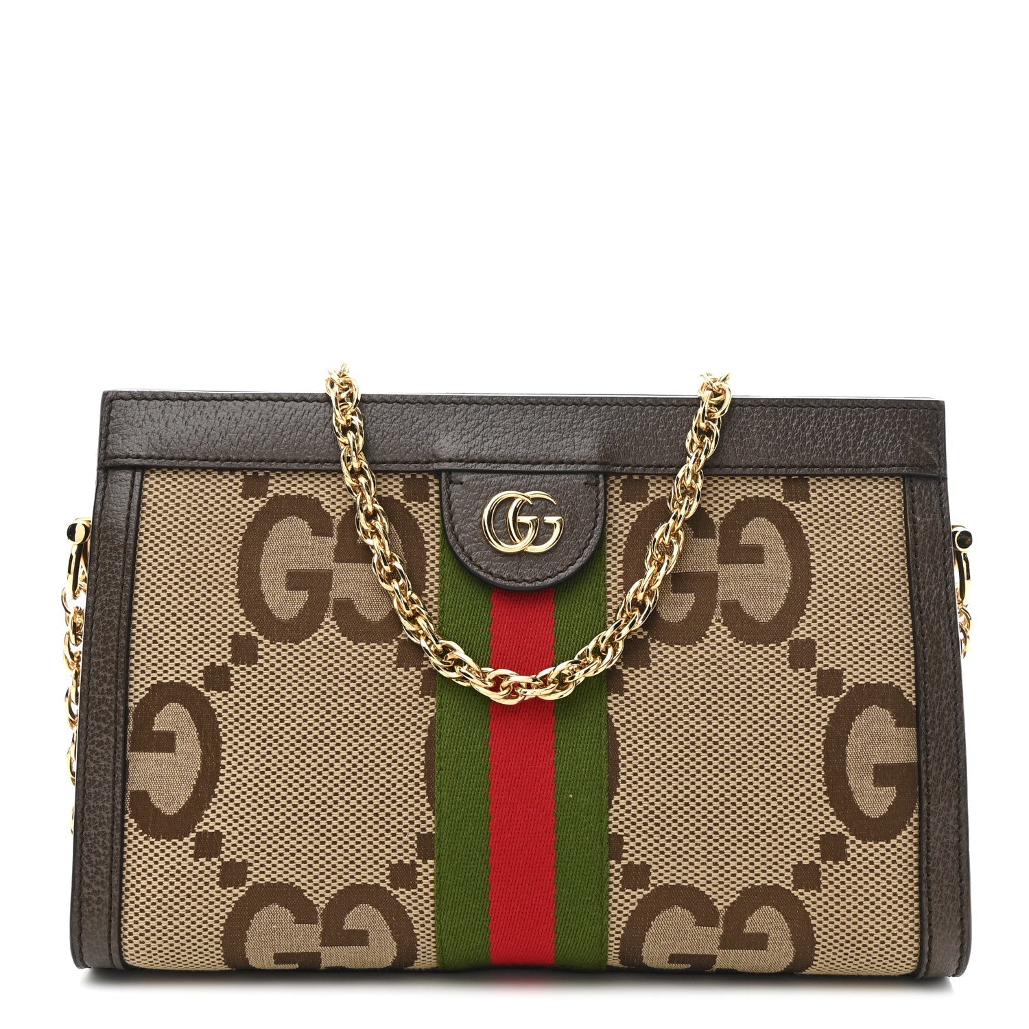 Monogram Jumbo GG Textured Dollar Calfskin Web Small Ophidia Chain Shoulder Bag Camel Ebony New Acero
