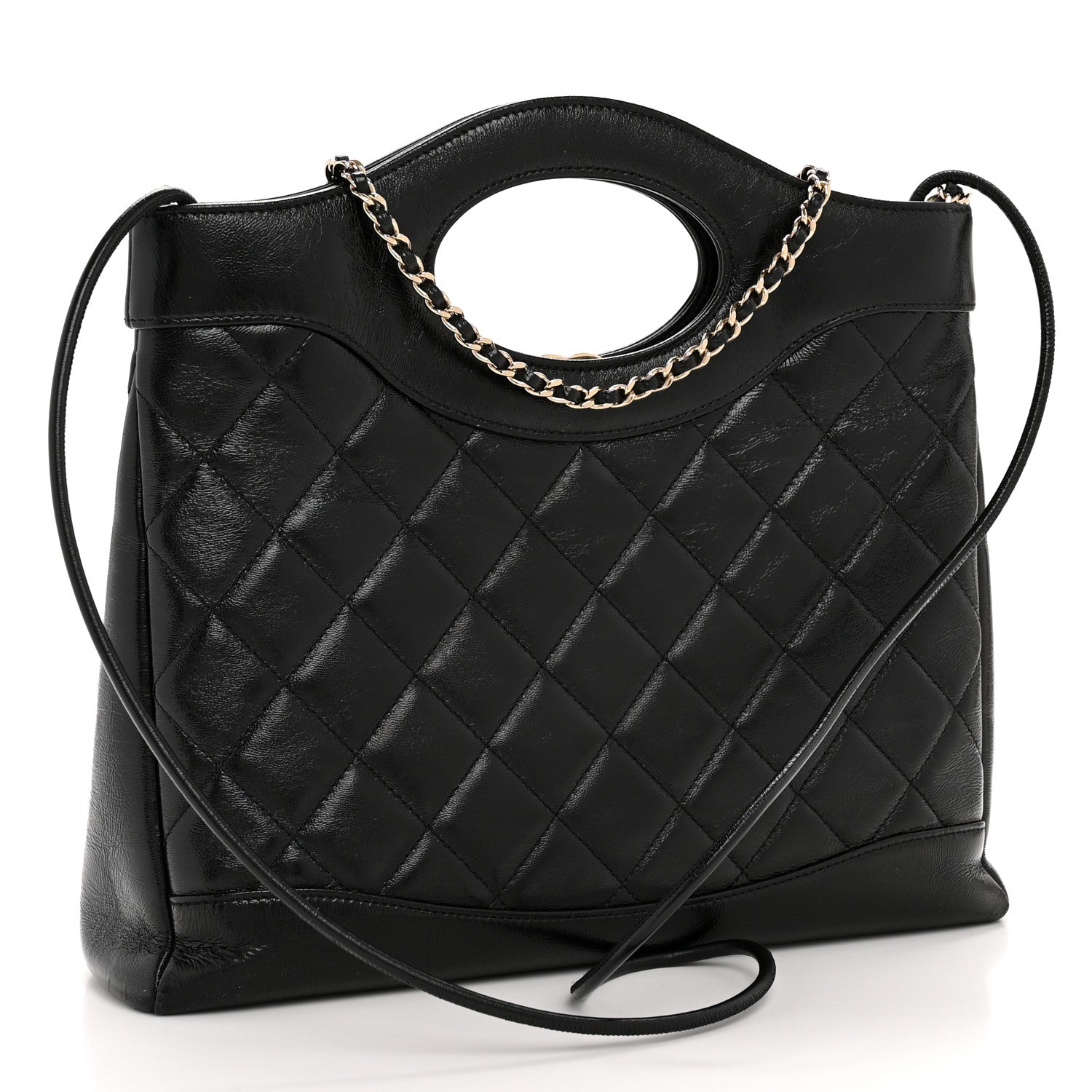 Shiny Crumpled Calfskin Quilted Small 31 Shopping Bag Black