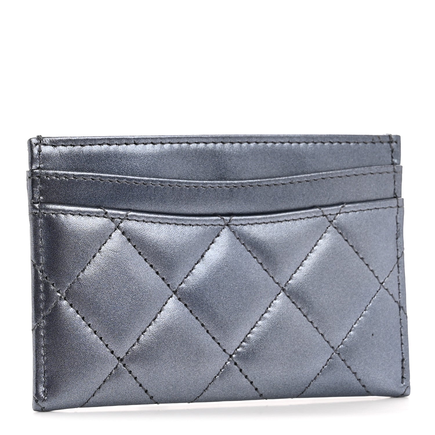 Metallic Lambskin Quilted Card Holder Dark Blue