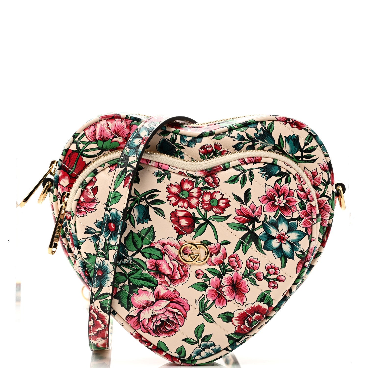 Calfskin Matelasse Diagonal Brit Roses Print Mini Interlocking G Heart Shoulder Bag  White Multicolor