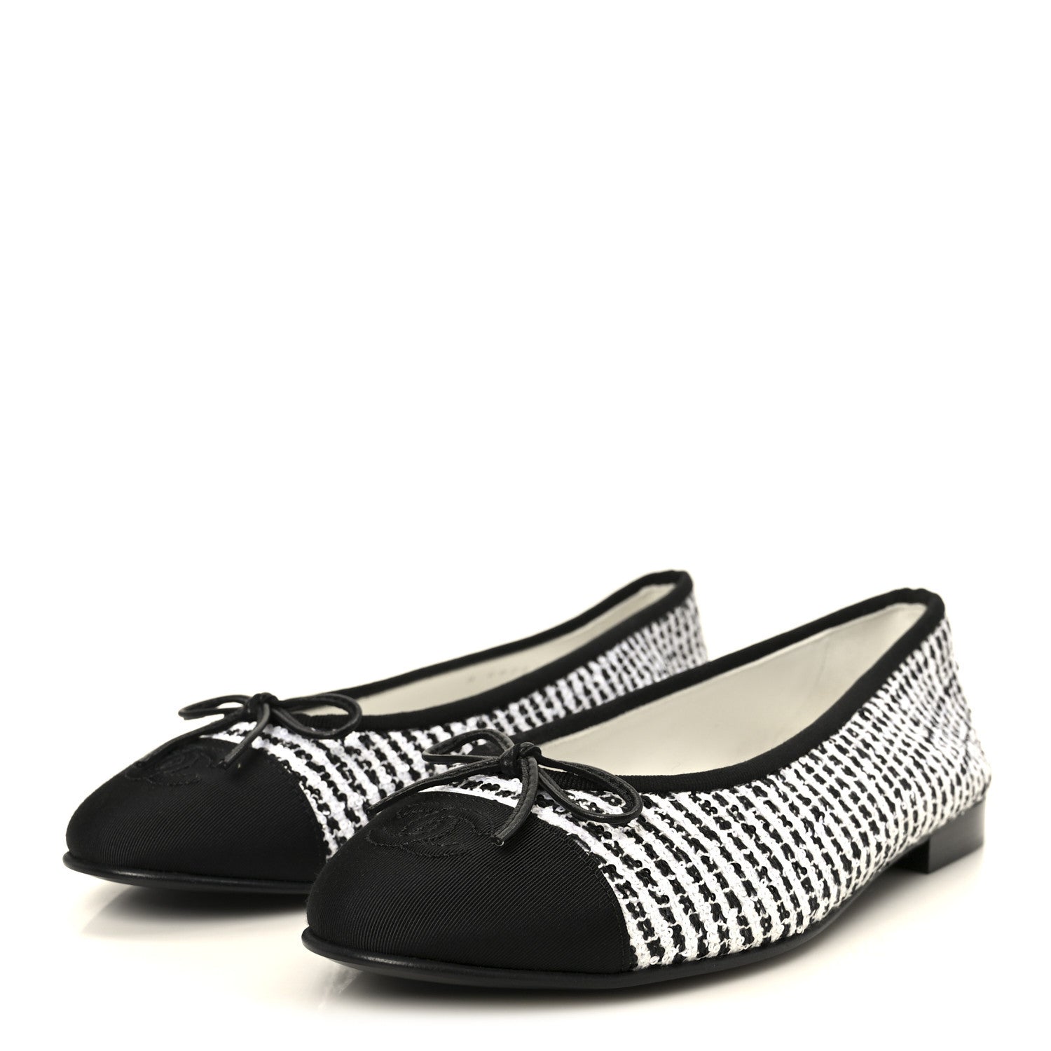 Tweed Sequin Grosgrain Cap Toe Ballerina Flats 39.5 Black White