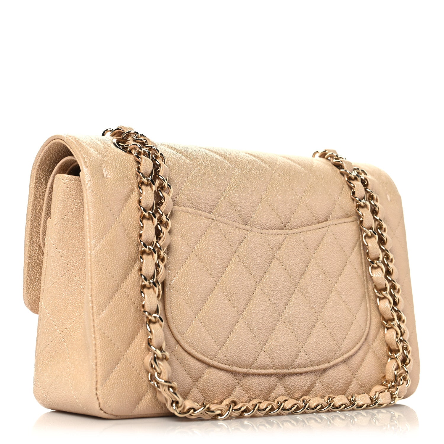 Iridescent Caviar Quilted Medium Double Flap Beige