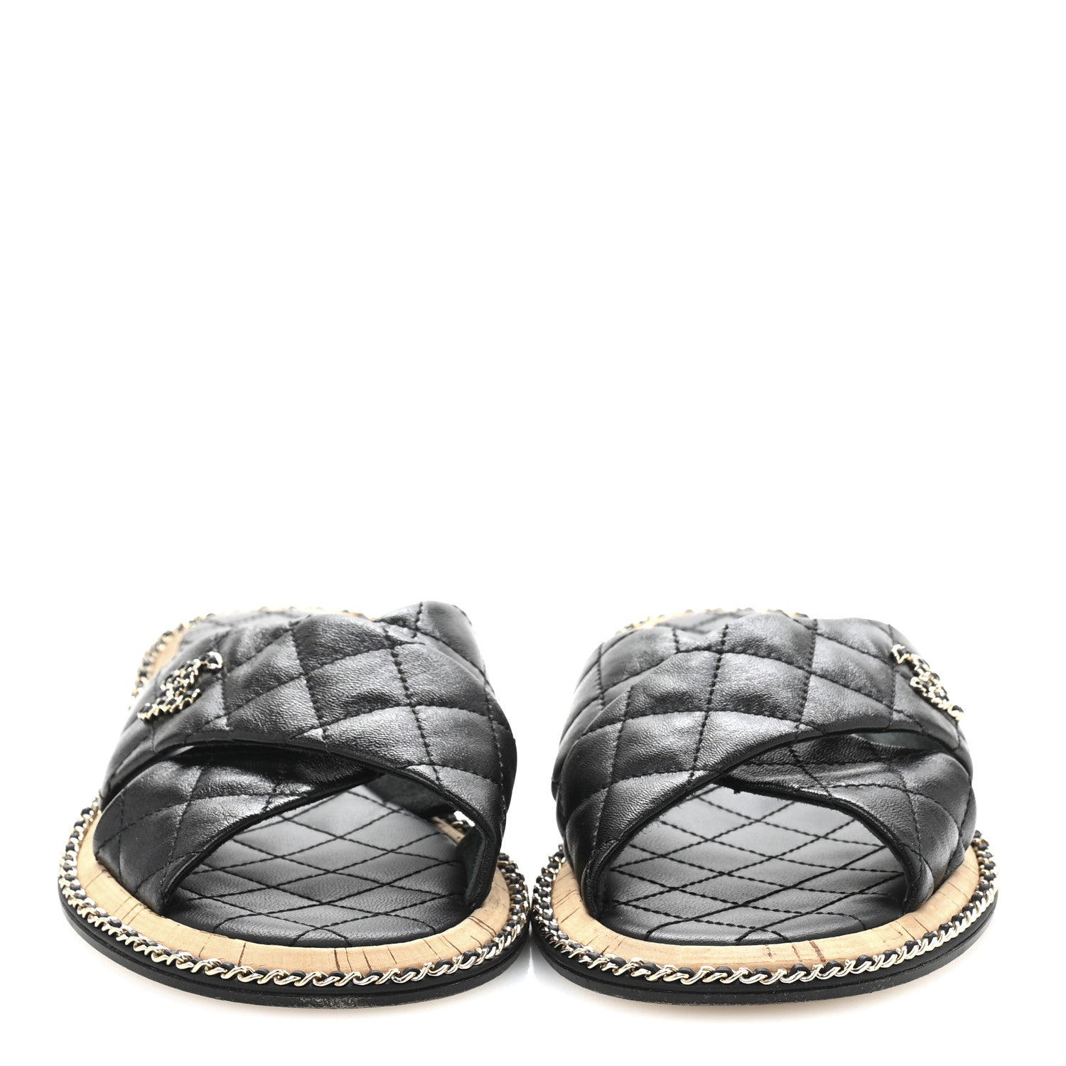 Lambskin Quilted Chain CC Sandals 39 Black