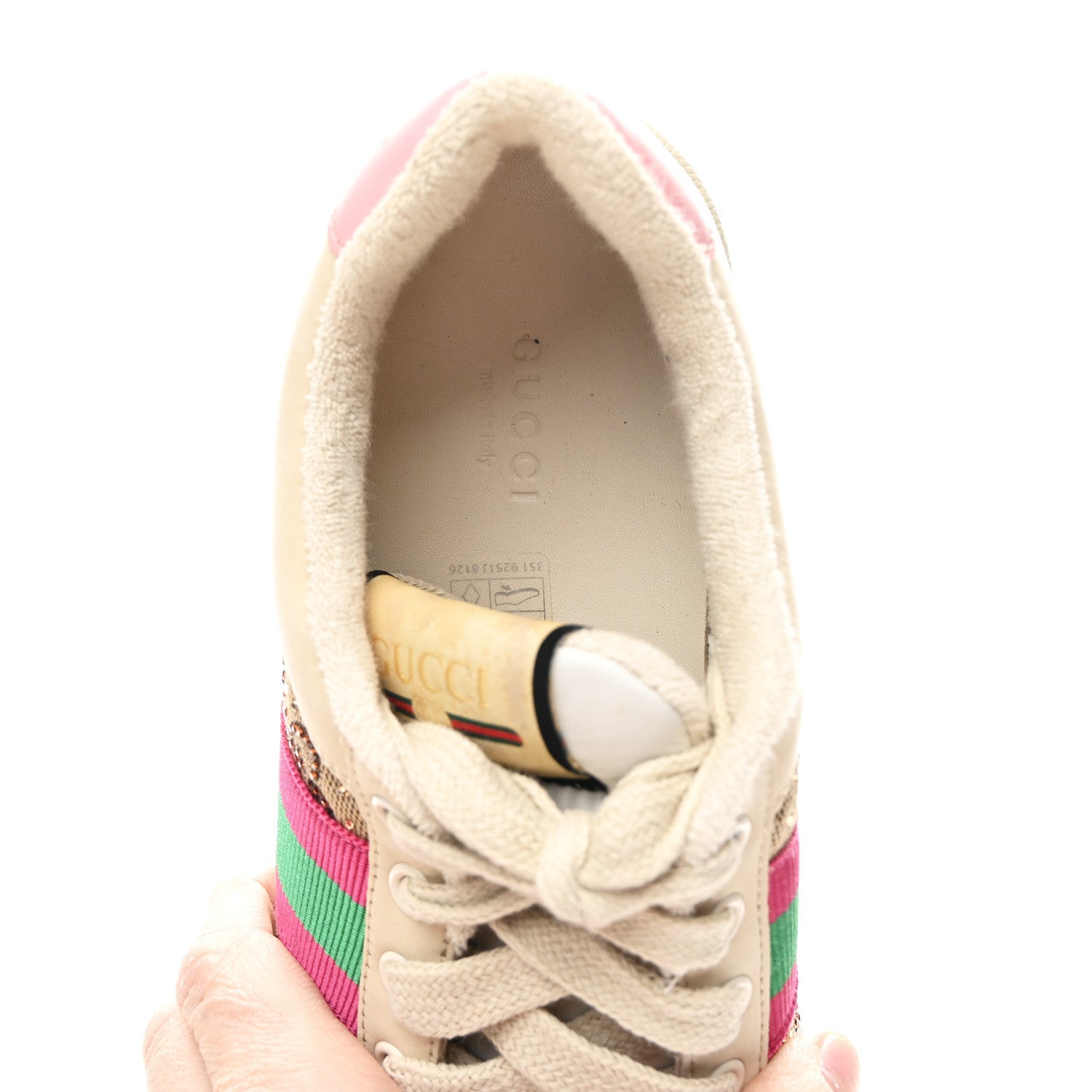 Calfskin GG Supreme Crystals Web Screener Sneakers 38 Camel Ebony Wild Rose