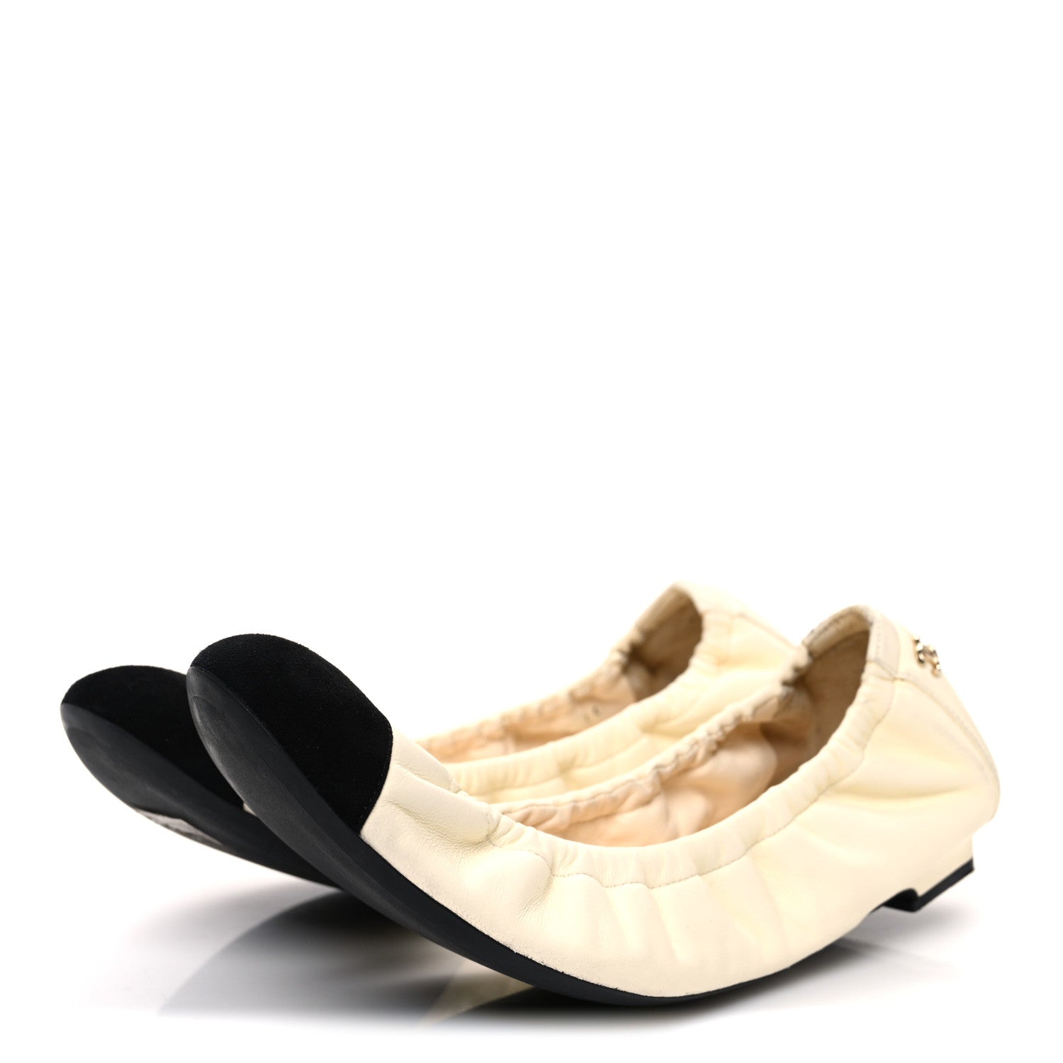 Lambskin Suede CC Elastic Cap Toe Ballerina Flats 39.5 Beige Black