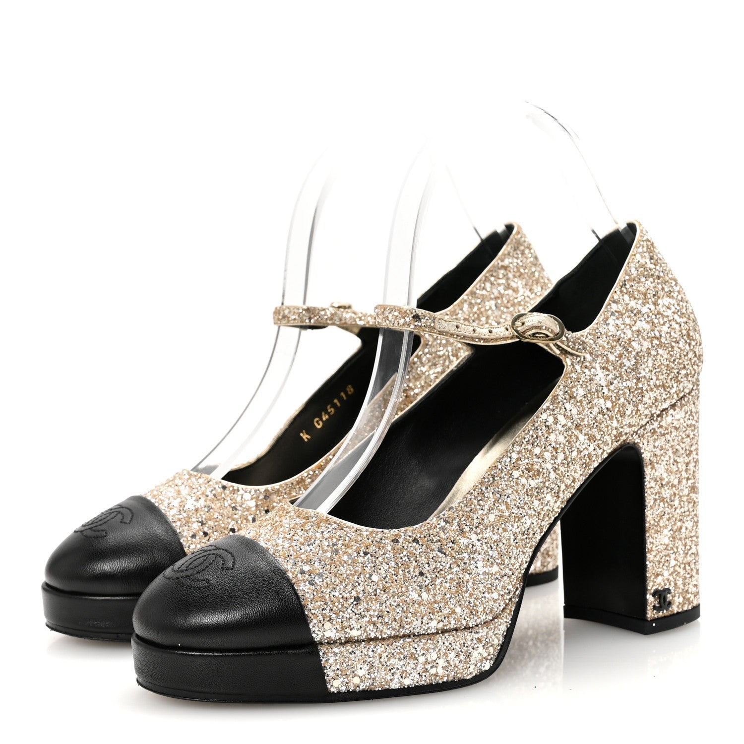 Glitter Lambskin Cap Toe CC Mary Jane Pumps 40 Light Gold Black