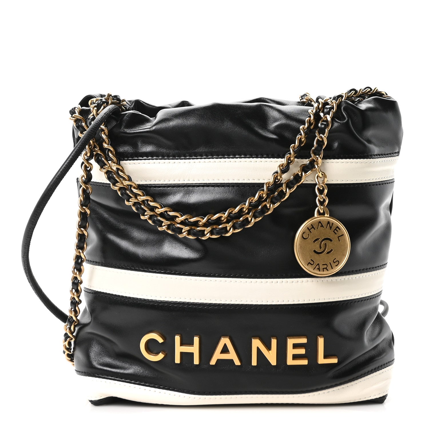 Shiny Calfskin Striped Mini Chanel 22 Black White